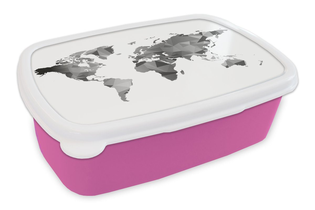 MuchoWow Lunchbox Weltkarte - Schwarz - Grau - Weiß - Kinder - Mädchen, Kunststoff, (2-tlg), Brotbox für Erwachsene, Brotdose Kinder, Snackbox, Mädchen, Kunststoff rosa