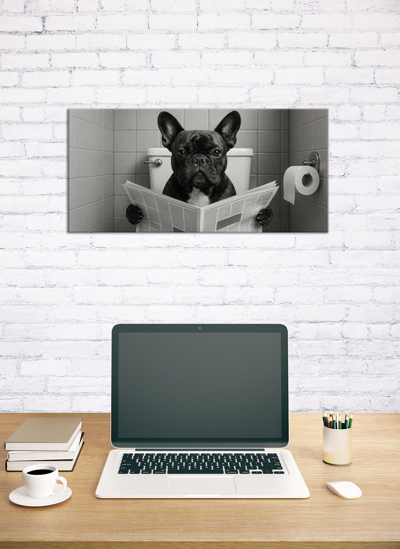 Bönninghoff Bild Wandbild WC HUND 33x70 cm – Leinwandbild Keilrahmen Deko modern, Humor, Hund, Hundebilder, auf Keilrahmen gespannt