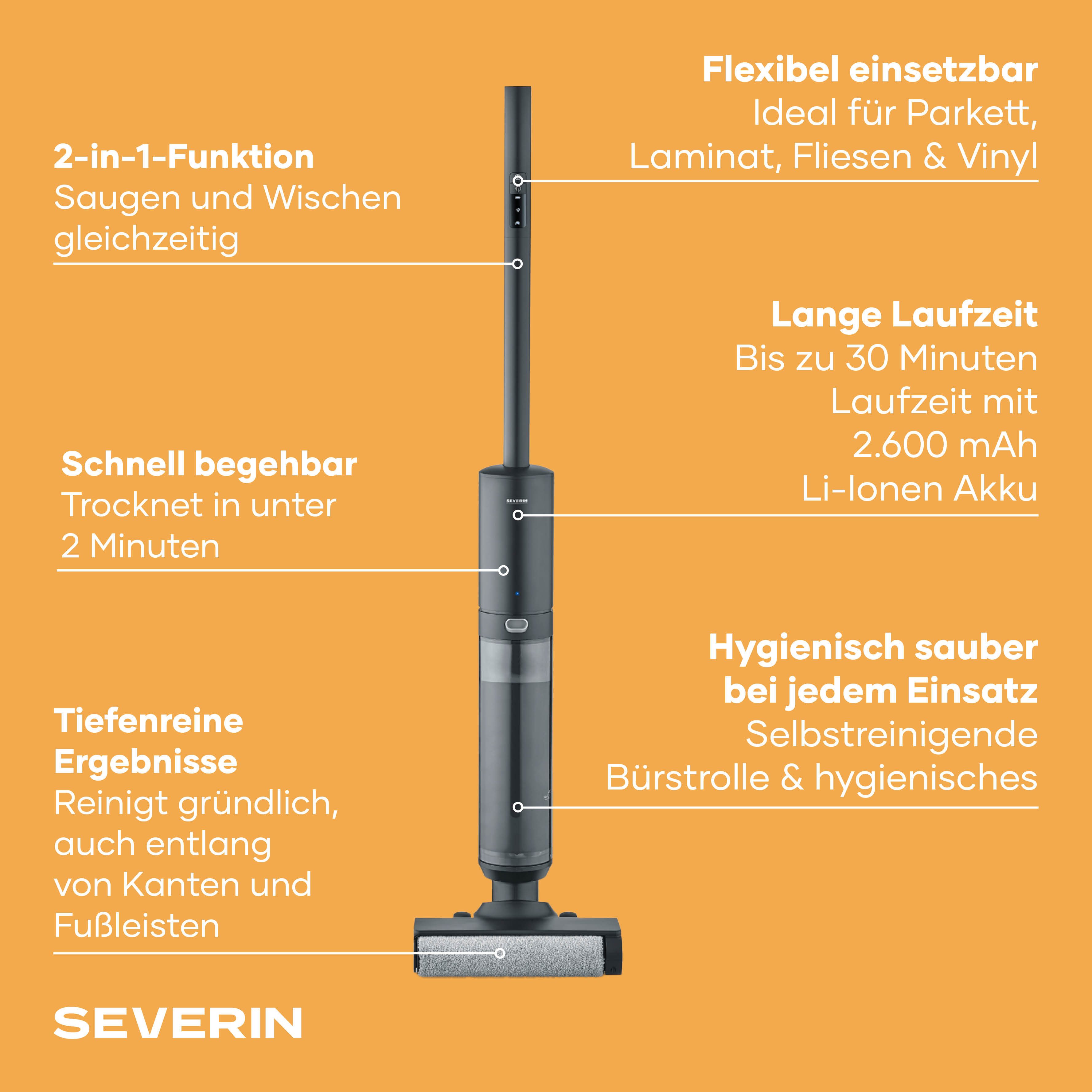 Severin Akku-Saugwischer, 150 W, Nass- & Trockensauger kabellos, LED-Anzeige, 2-Tank-System, Hartböden