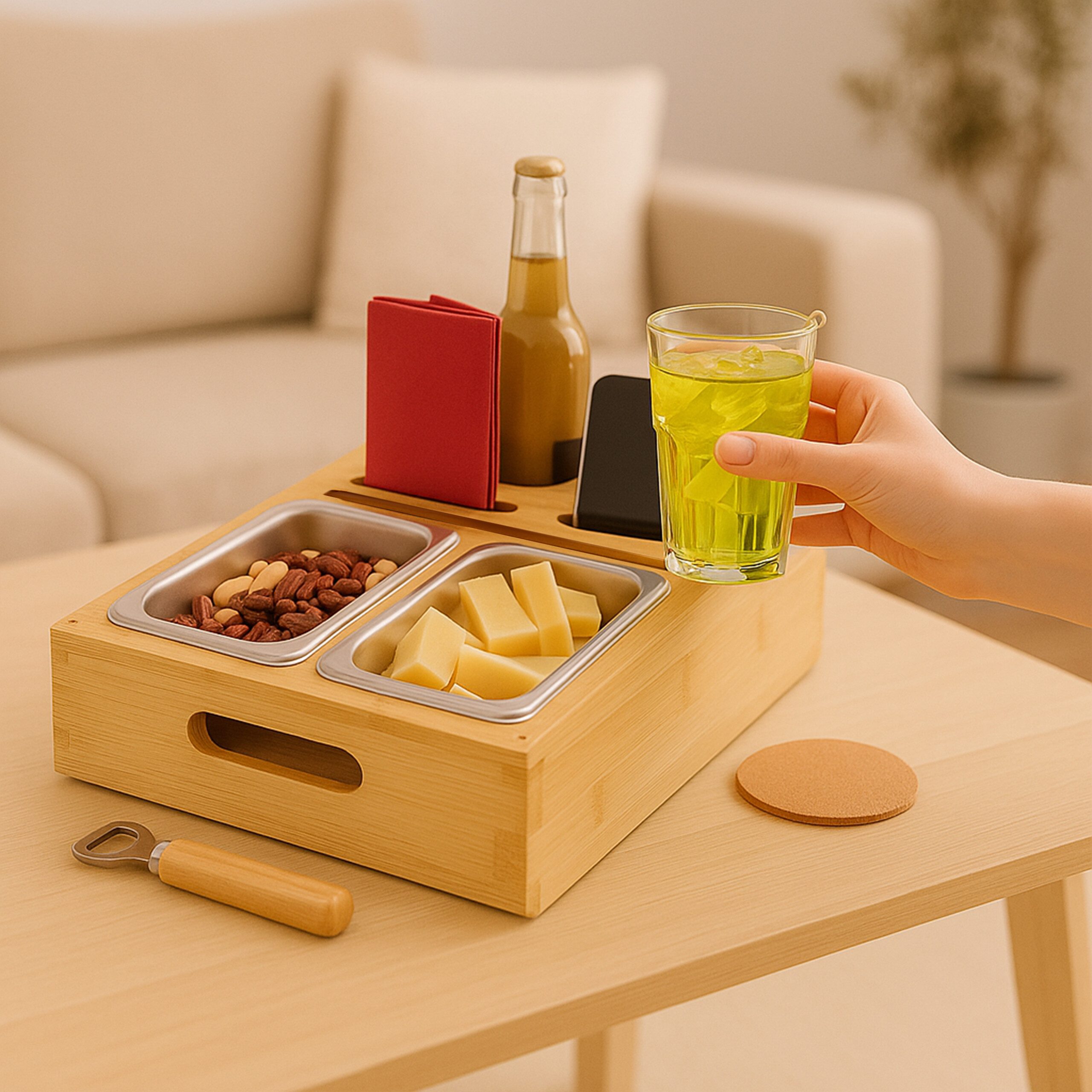 relaxdays Tabletttisch Couchbar mit Snackschalen, Natur günstig online kaufen