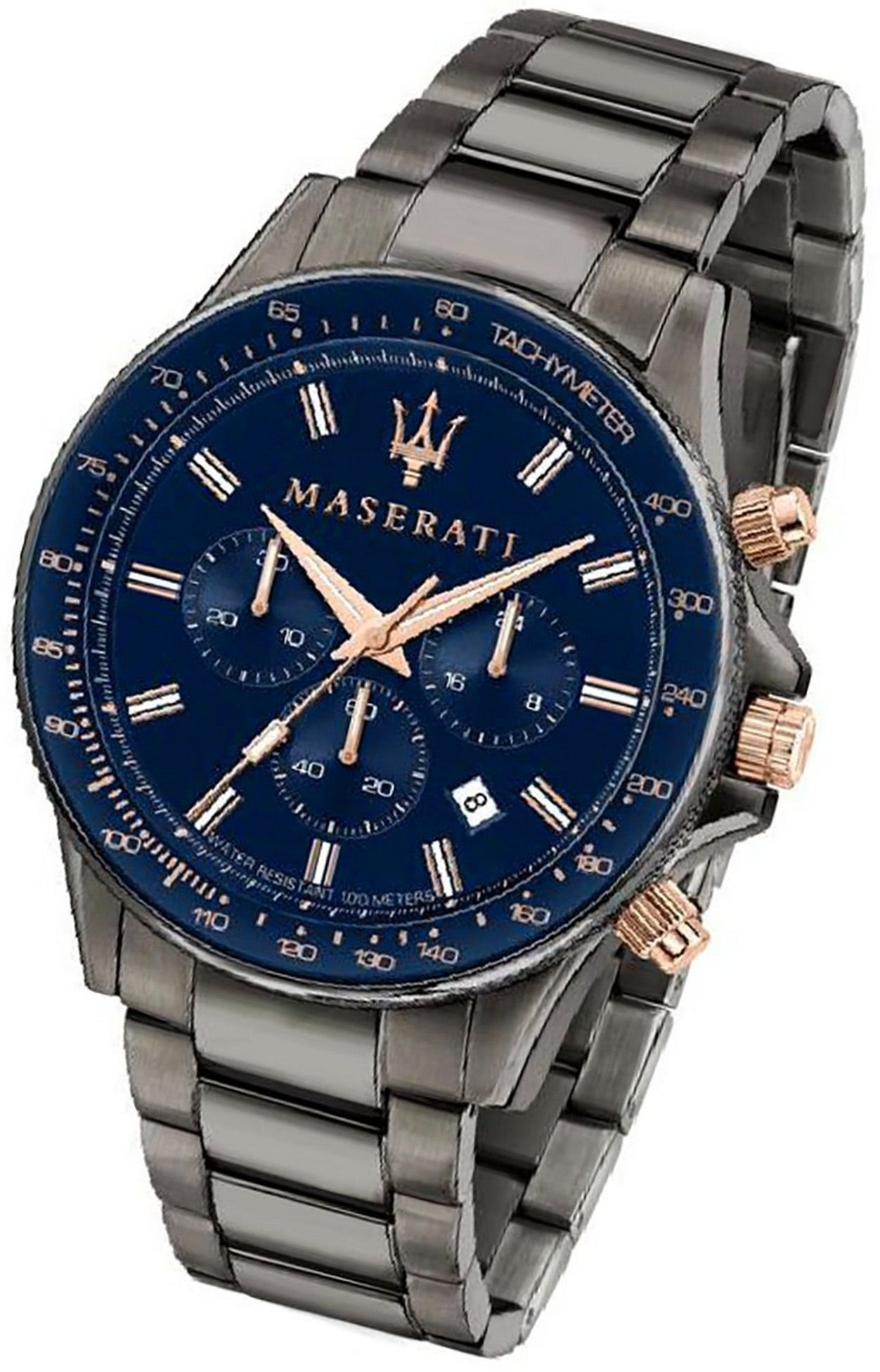 MASERATI Chronograph Maserati Edelstahl Armband-Uhr, (ca. groß Gehäuse, blau rundes Herrenuhr 44mm) Edelstahlarmband