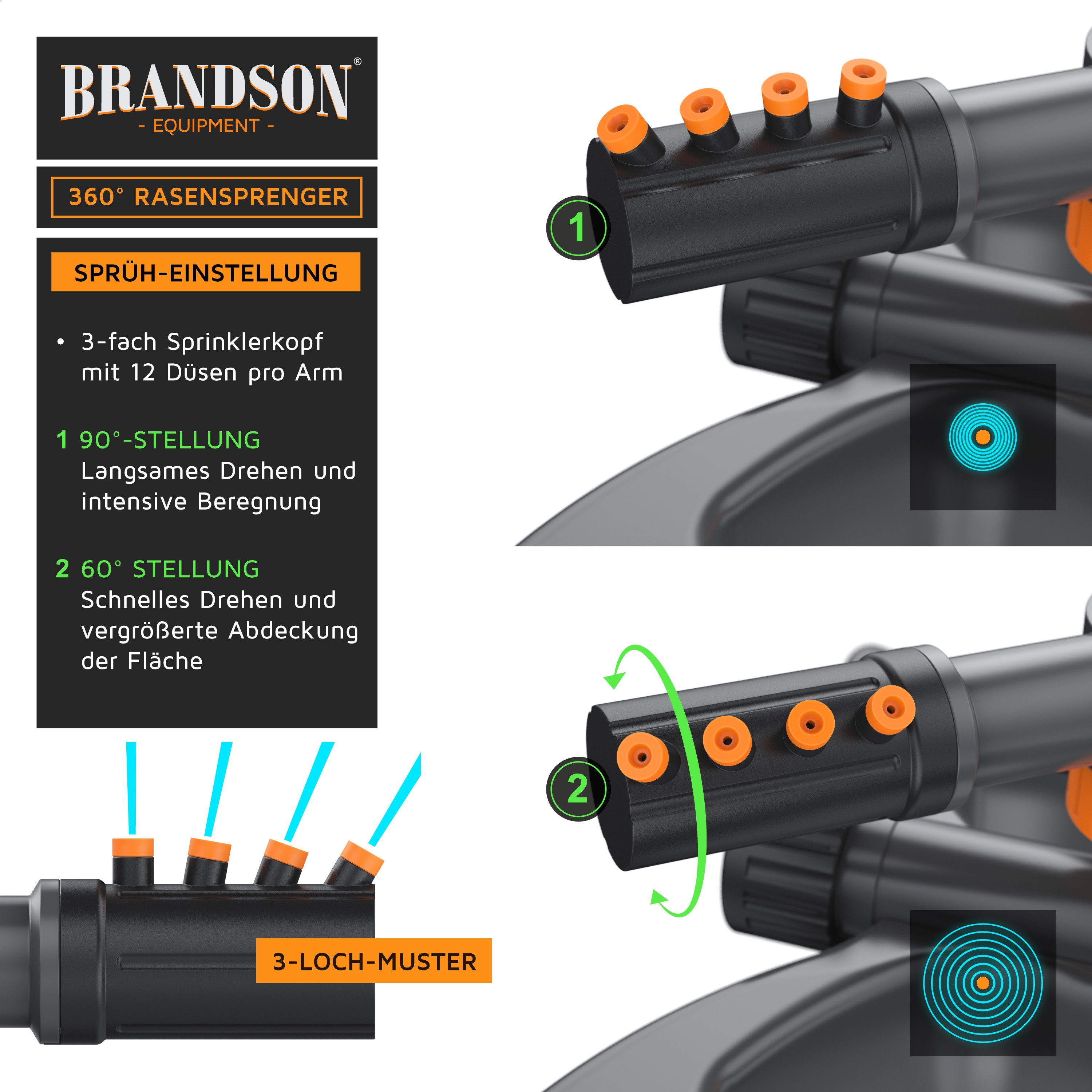 Brandson Kreisregner Garten Sprinkler, 360° Rasensprenger, 3 Arm Rasensnsprikler rotierend, für Flächen bis 314 m², (1-St), Sprenger Bewässerungssystem, Bewässerungsanlagen, Gardena kompatibel