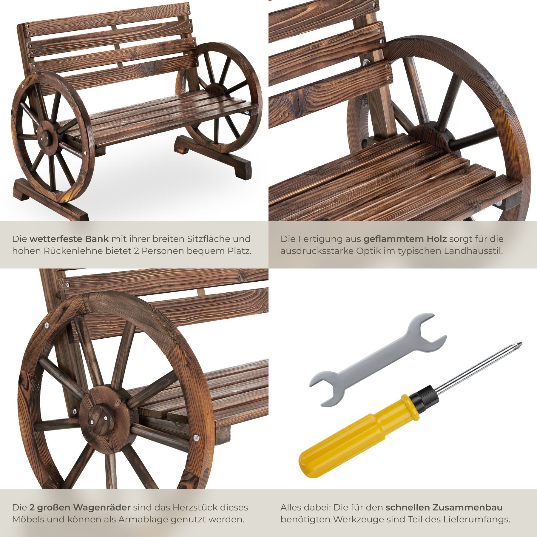 tectake Gartenbank Wetterfeste 2-Sitzer Bank im rustikalen Wagenraddesign (Sitzbank Howdy, in braun), belastbares Gestell aus geflammtem Massivholz – Bild 5 von 5