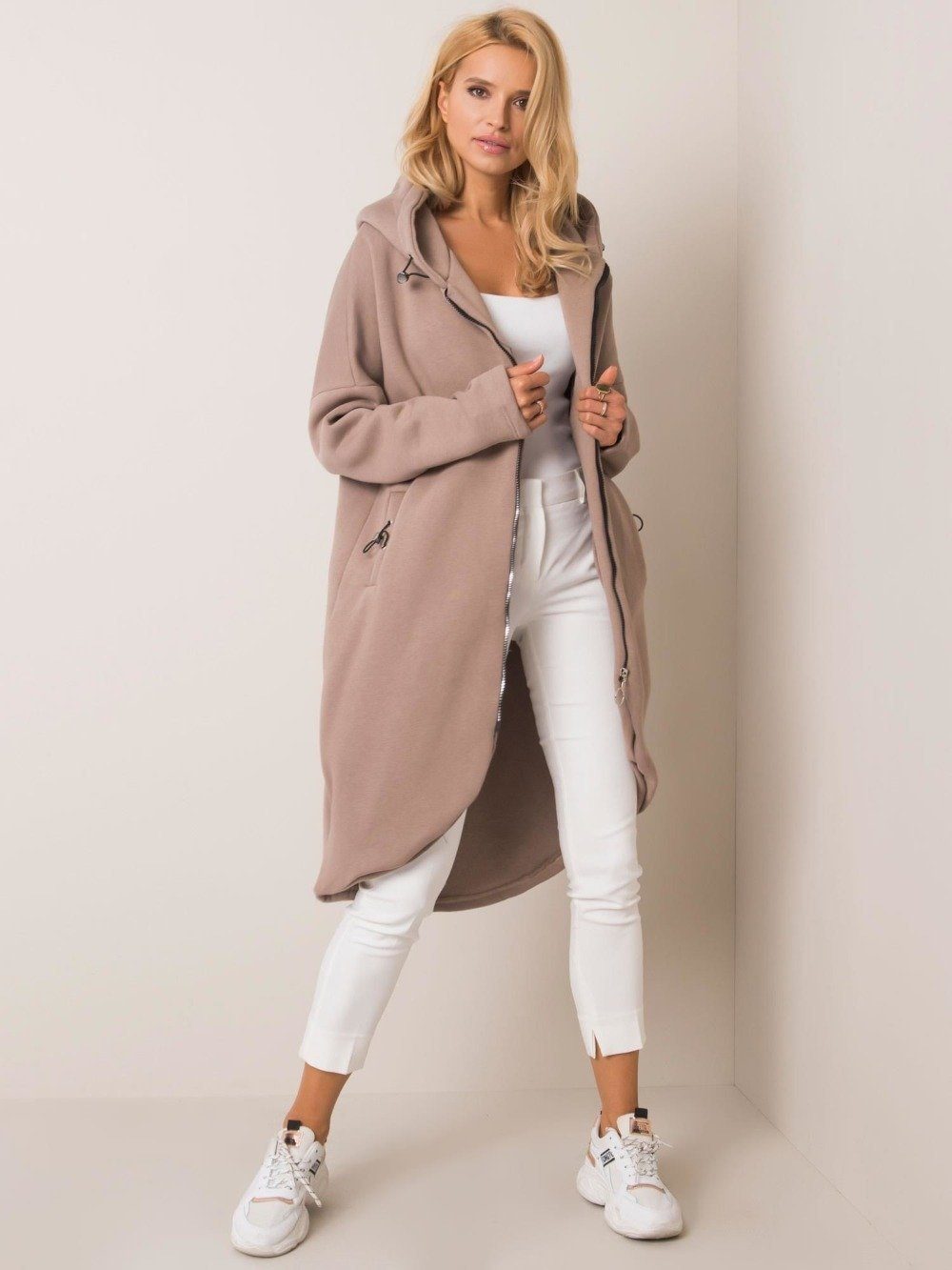 ANNIS Fashion & Accessoires Kapuzensweatjacke Kapuze Beige MIRA lang mit hoher (1-tlg) Baumwollanteil