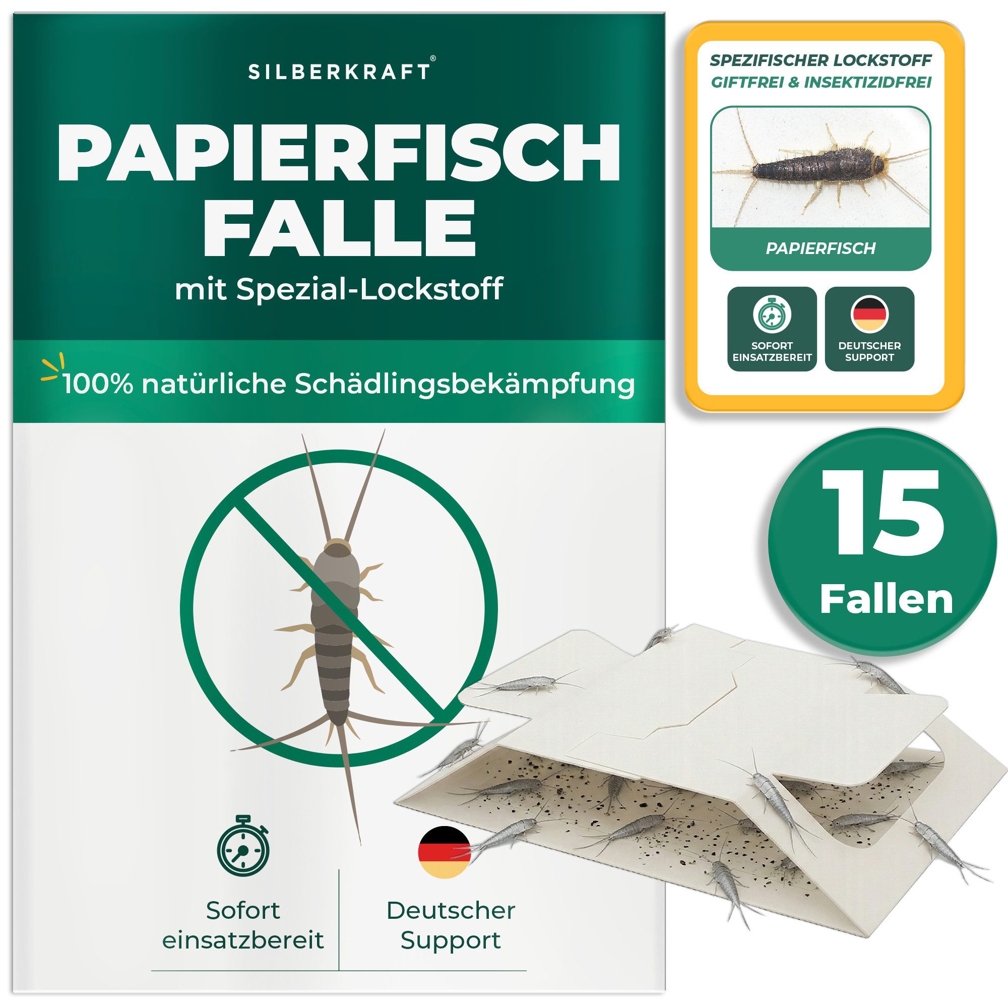 Silberkraft Insektenfalle Papierfischfalle mit Spezial-Lockstoff Langzeitschutz, Biozidfrei & Geruchslos Extrastarke klebefläche Gezielte Anlockung