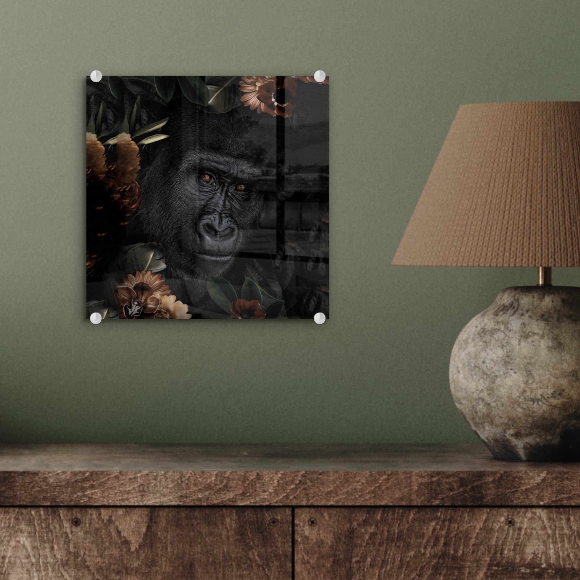 MuchoWow Acrylglasbild Glasbilder - Blumen Bilder - St), Glas Affe - Glas auf - Wanddekoration - (1 - auf Schwarz, Wandbild Foto Tiere