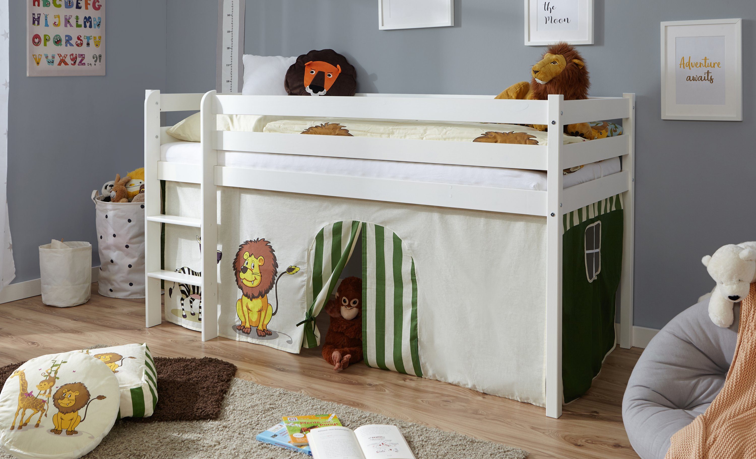 Ticaa Hochbett Hochbett Kiefer Weiß Vorhang "Safari"