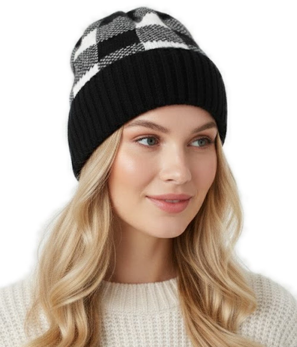 dy_mode Strickmütze Unisex Strick-Beanie Karo Muster Herren Strickmütze Damen mit breitem Umschlag, Bunt