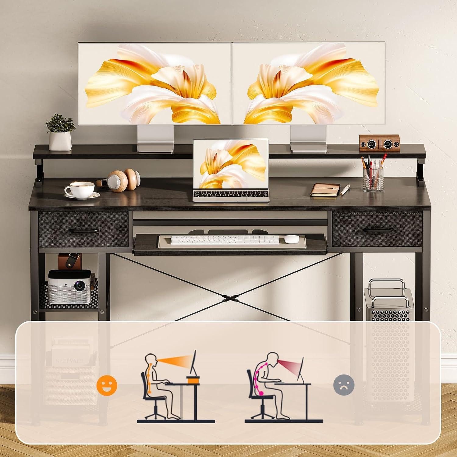 LuxusKollektion Regal-Schreibtisch Schreibtisch mit Schubladen und Regal, 120x48x90cm, Schwarz