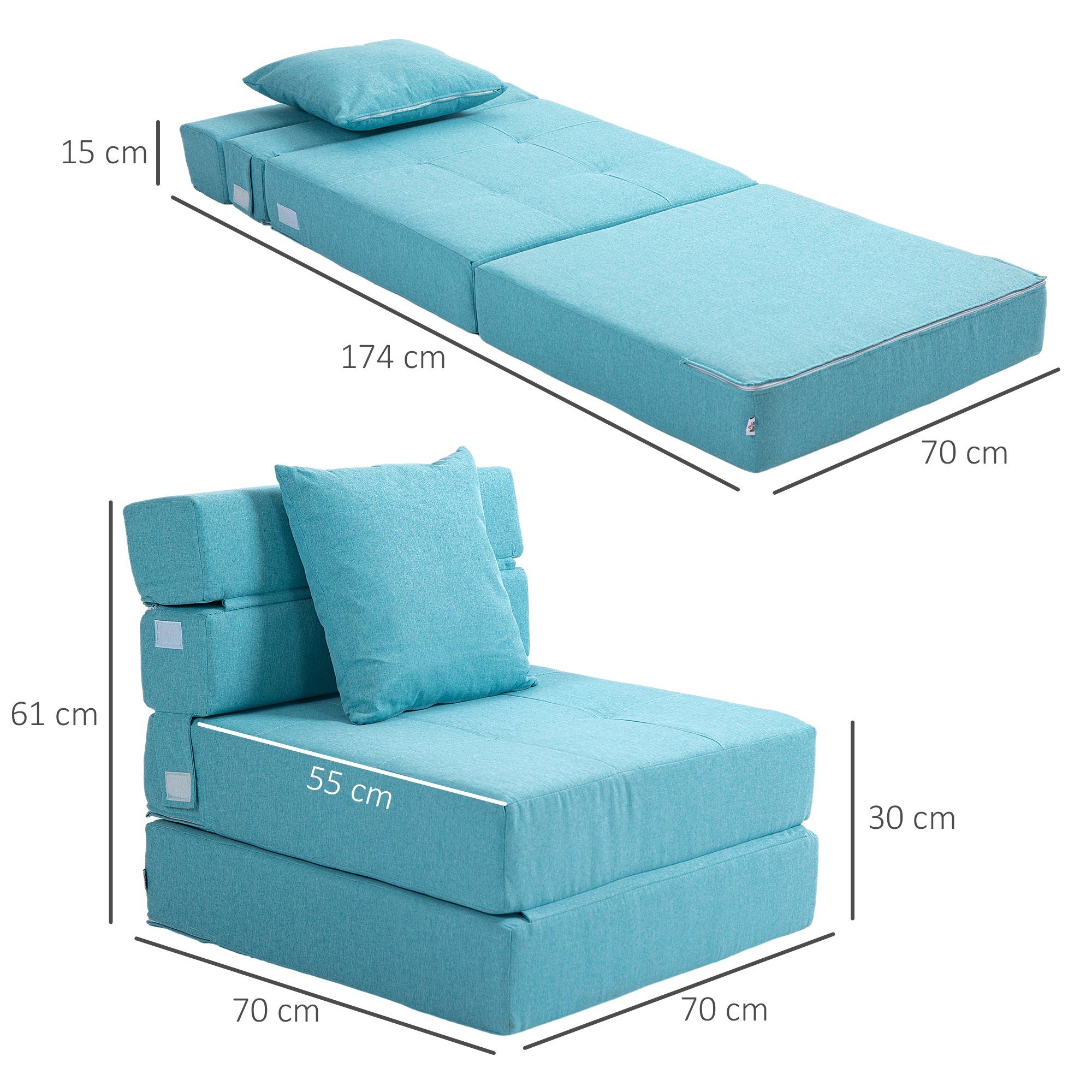 Blau mit 1-St., 2-in-1 | kg HOMCOM Kissen, Sessel Design Einzelsofa bis Blau Bettsessel), Blau 100 (Schlafsessel, Belastbar, Klappsessel,