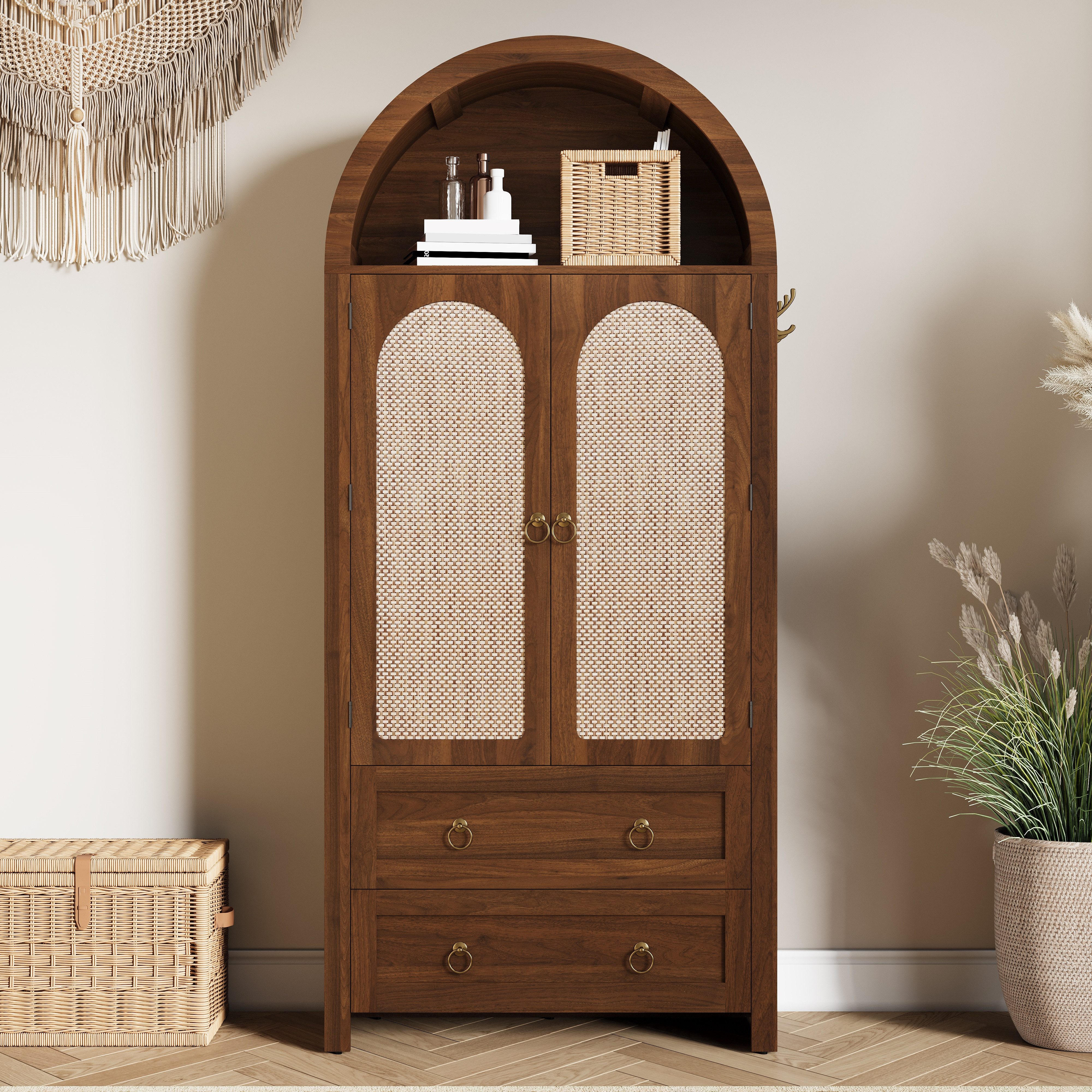 HAUSS SPOLE Kleiderschrank mit Doppelschubladen,Garderobenschrank im Korbgeflecht-Bogenstil (Garderobenschrank Mehrzweckschrank mit Metallgriff und Rattan-Geflecht Türen) Aufbewahrungsschrank mit mehrteiligen Schrankfächern