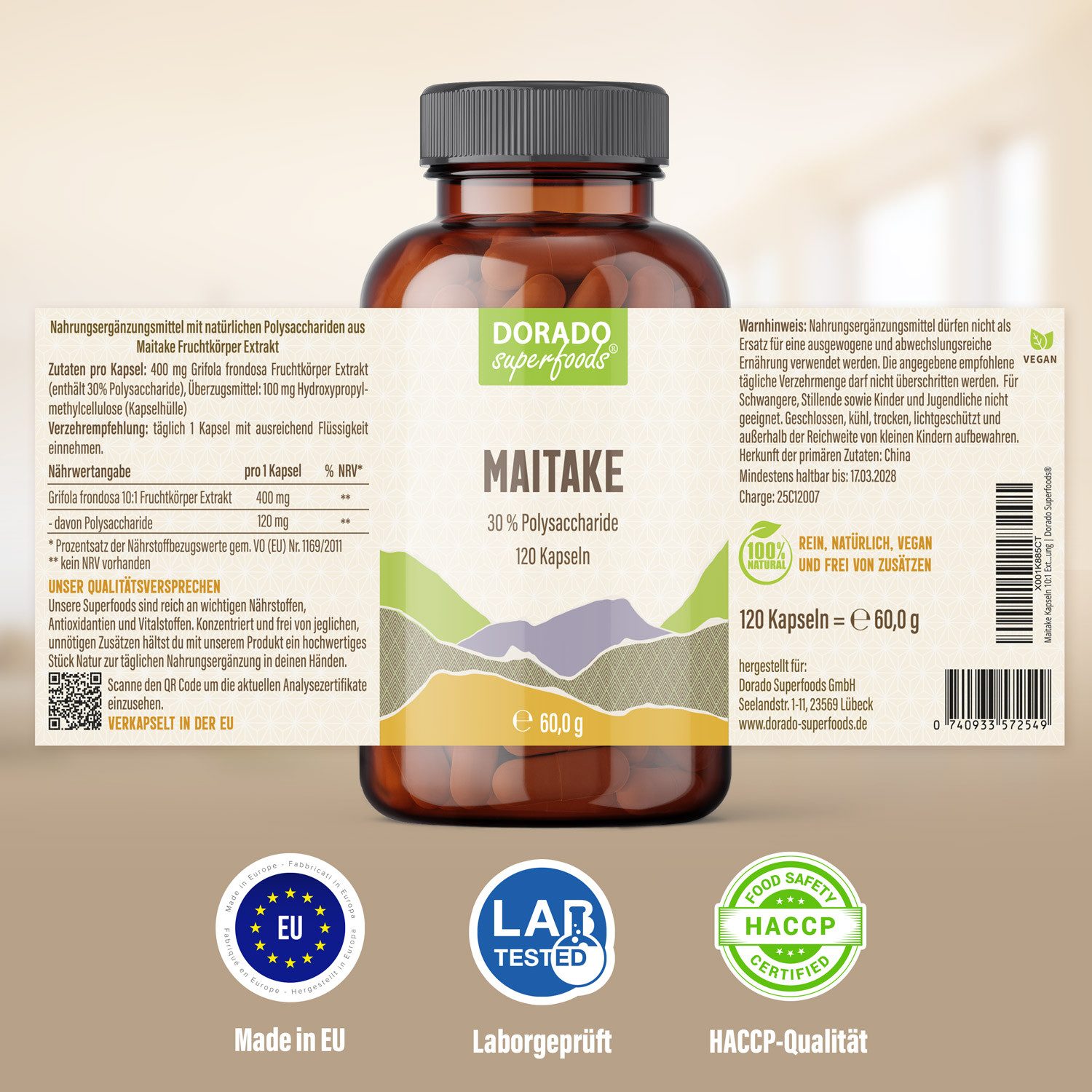 Dorado Superfoods Maitake Extrakt Kapseln - 120 x Stück, 30% Polysaccharide Kapsel, 120 St., 60 g