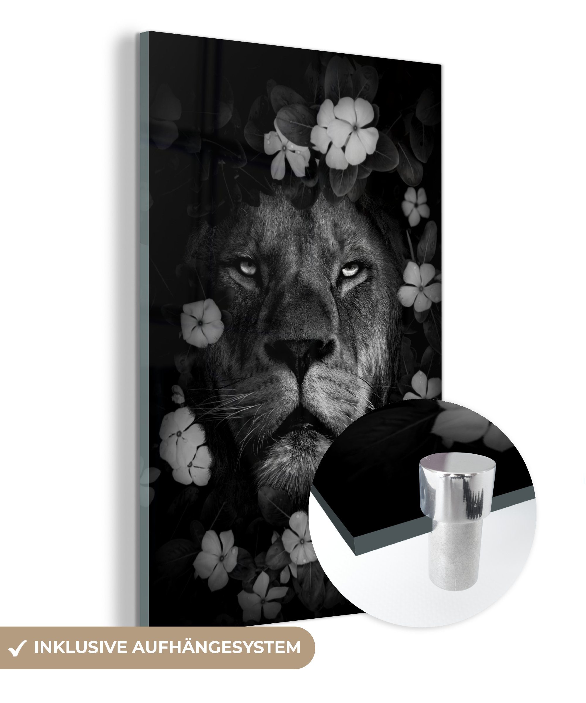 MuchoWow Acrylglasbild Löwe mit Blumen im Dschungel - schwarz und weiß, (1 St), Glasbilder - Bilder auf Glas Wandbild - Foto auf Glas - Wanddekoration bunt