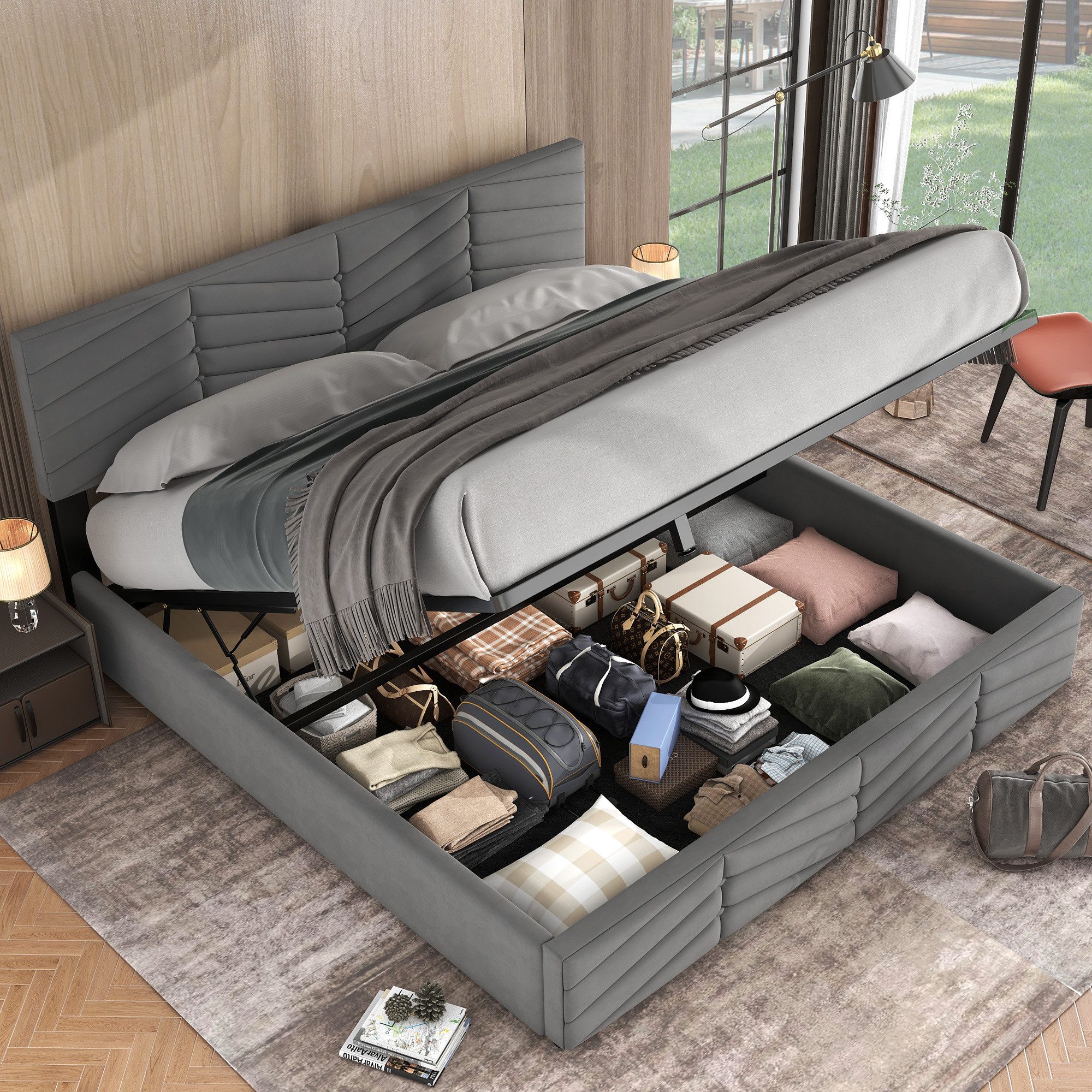 MODFU Polsterbett Stauraumbett mit großem Bettkasten verstellbarem Kopfteil günstig online kaufen
