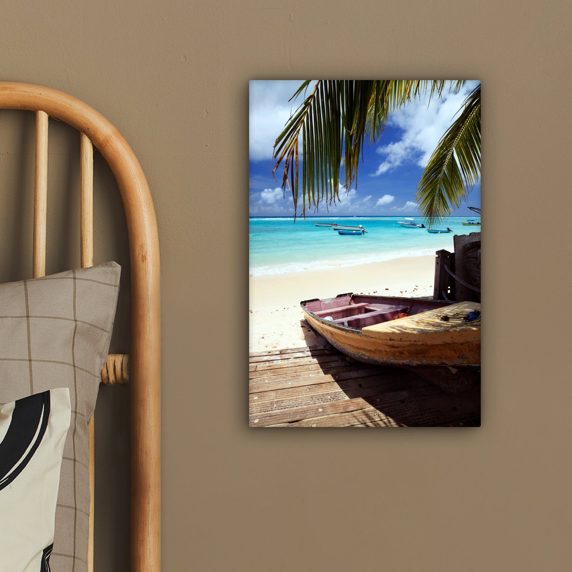 Gemälde, in bespannt Karibik, Leinwandbild Leinwandbild der inkl. OneMillionCanvasses® St), (1 Fischerboot fertig cm Zackenaufhänger, 20x30