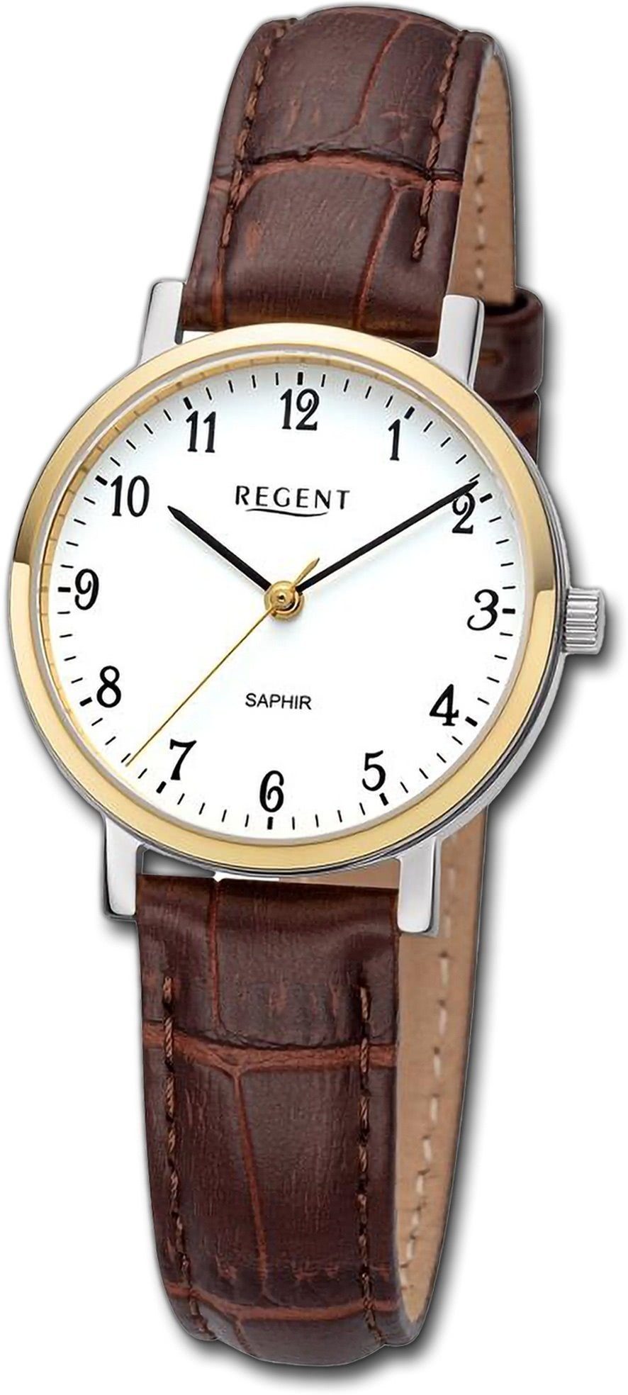 Regent Quarzuhr Regent Damen Armbanduhr Analog, Damenuhr Lederarmband braun, rundes Gehäuse, extra groß (ca. 30mm) | Quarzuhren