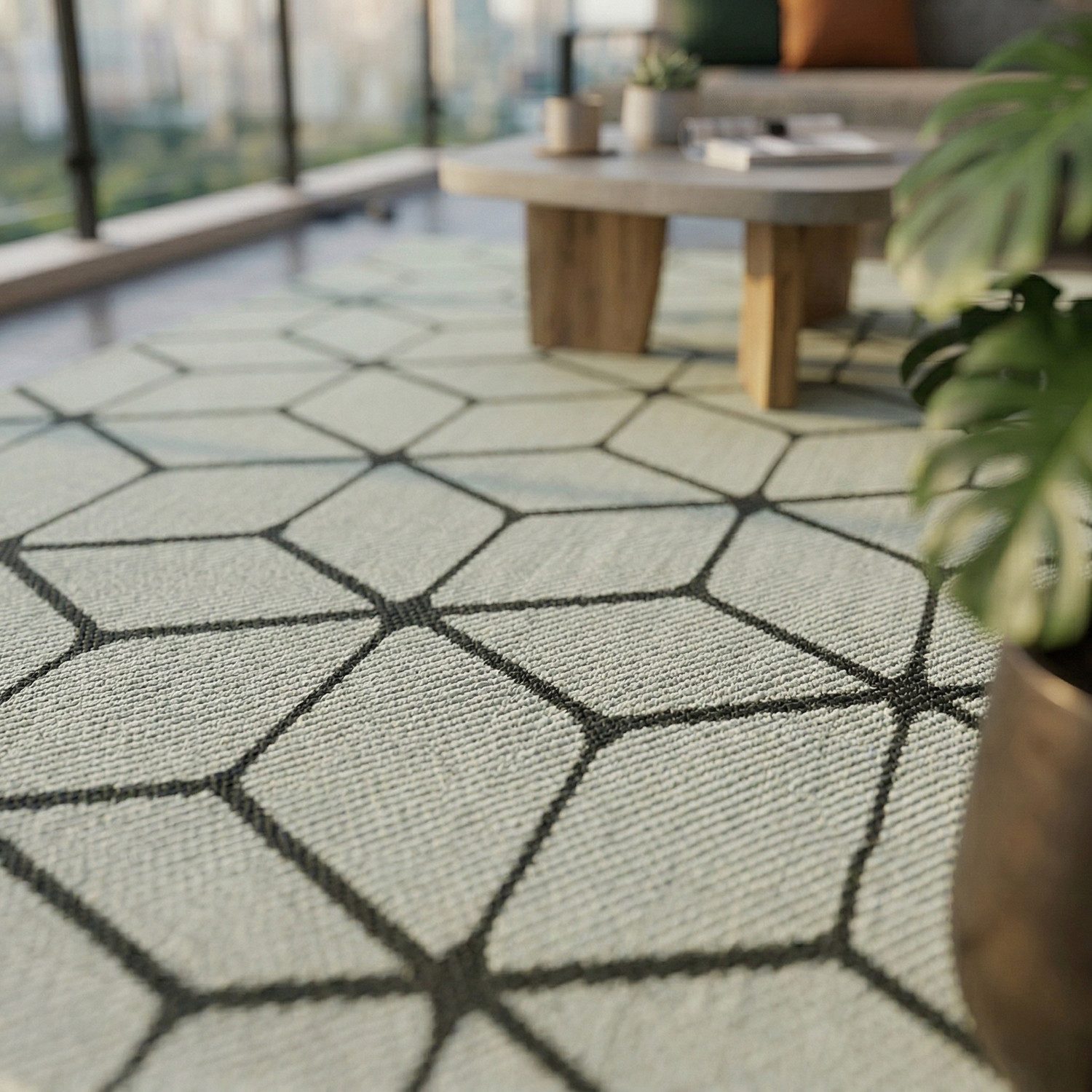 Vimoda Outdoorteppich In- & Outdoor Teppich Bienenstock Optik Raute Muster, für Balkon Küche, Rechteckig, Höhe: 5 mm, Robuster Flachgewebe Läufer Outdoor in Cre – Bild 4 von 5