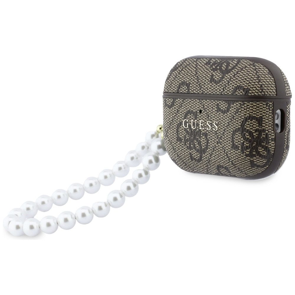 Guess Kopfhörer-Schutzhülle Case AirPods Pro 3 Kunstleder braun Logo goldfarben mit Kette, Kantenschutz