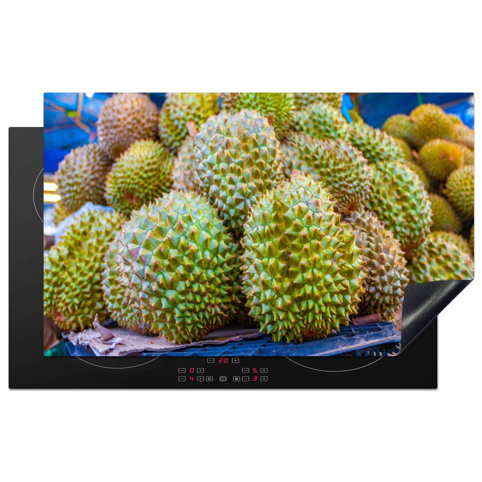 MuchoWow Herdblende-/Abdeckplatte Die exotische Frucht Durian zu verkaufen, Vinyl, (1 tlg), 83x51 cm, Ceranfeldabdeckung, Arbeitsplatte für küche