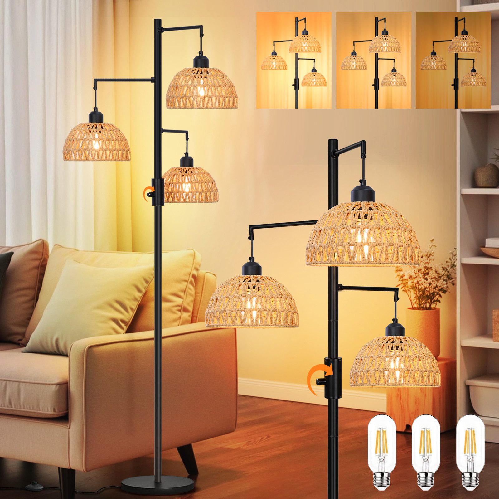 MUPOO Stehlampe LED Stehlampe,Rattan Boho LED günstig online kaufen