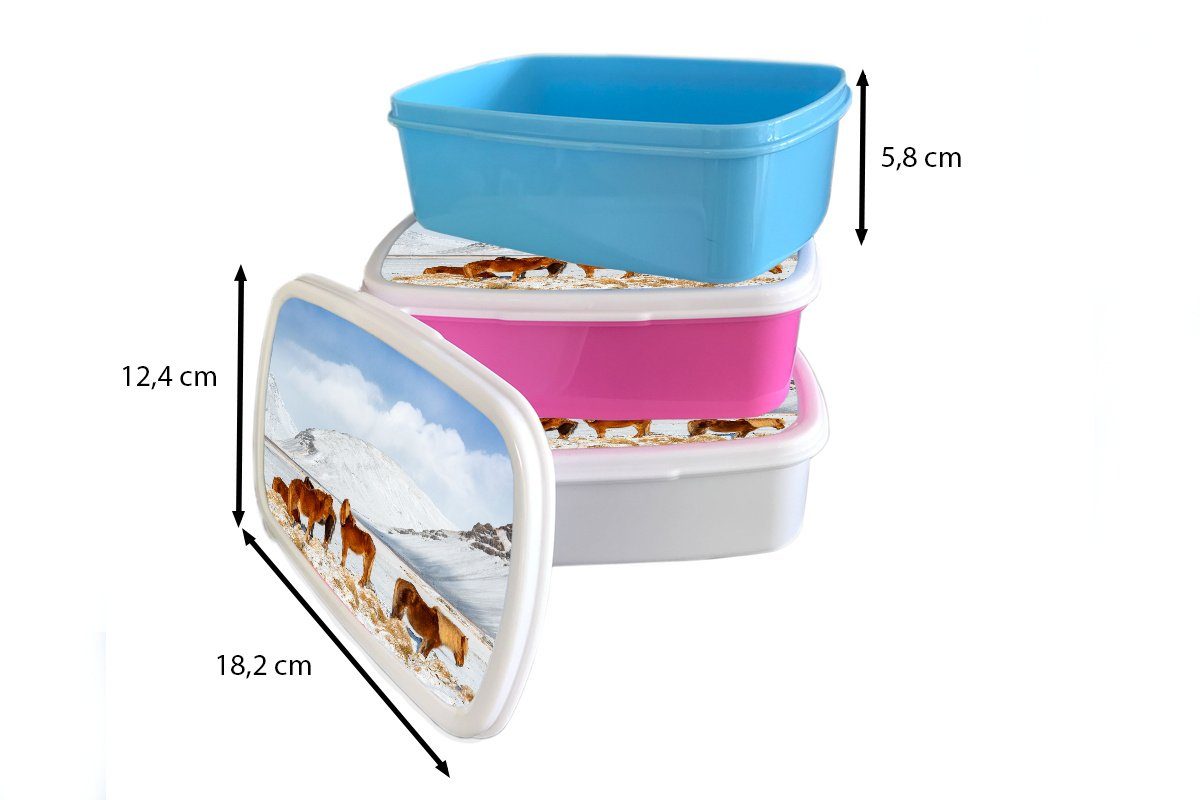 MuchoWow Lunchbox Braune Isländerpferde am Kunststoff, Kunststoff (2-tlg), Mädchen, Fuße Kinder, Erwachsene, für Snackbox, rosa schneebedeckten Brotbox eines Brotdose Berges