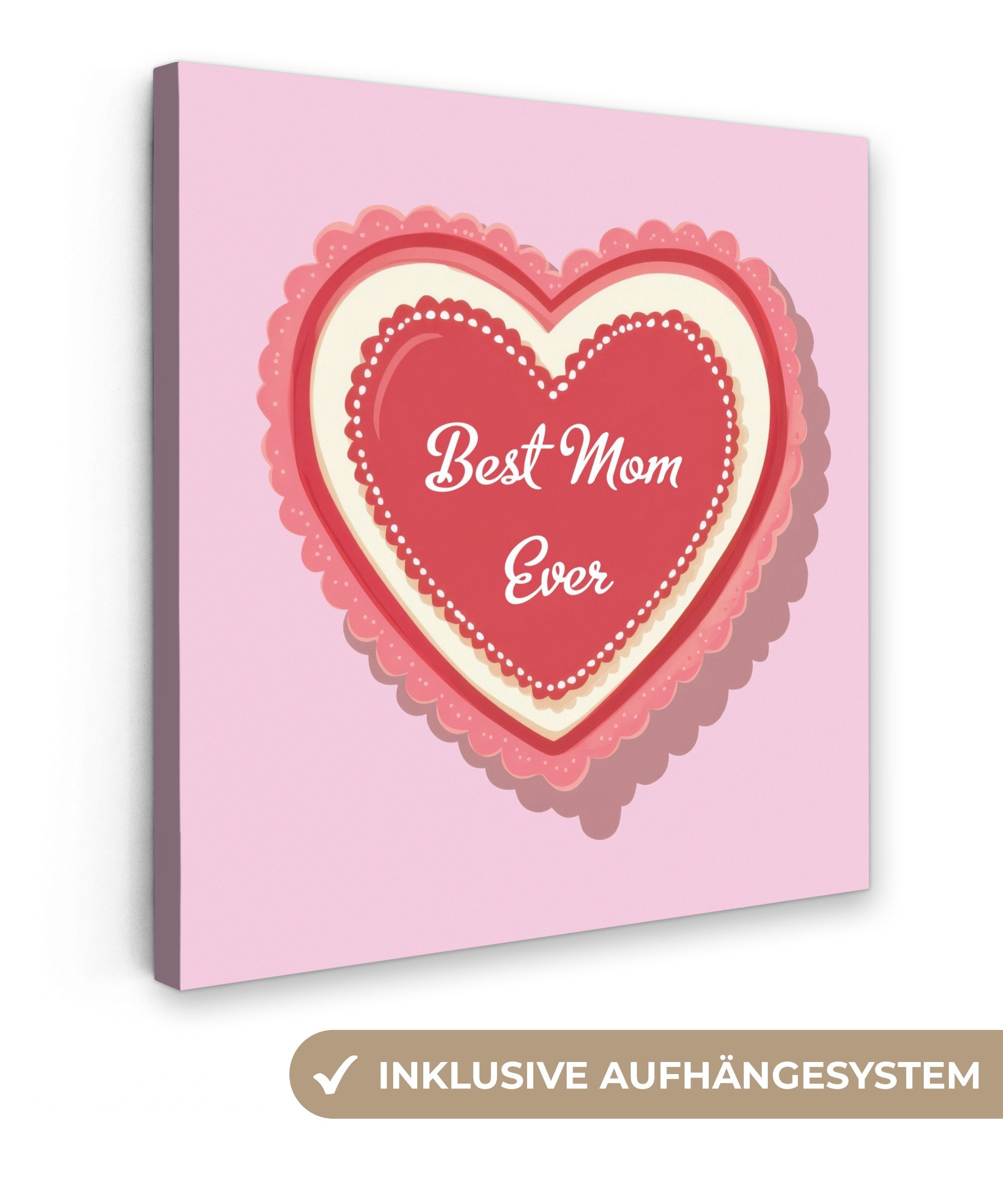 OneMillionCanvasses® Leinwandbild Text - Herz - Mutter - Rosa, Fotodruck (1 St), Wandbild, Deko Schlafzimmer Wohnzimmer Flur 20x20 cm