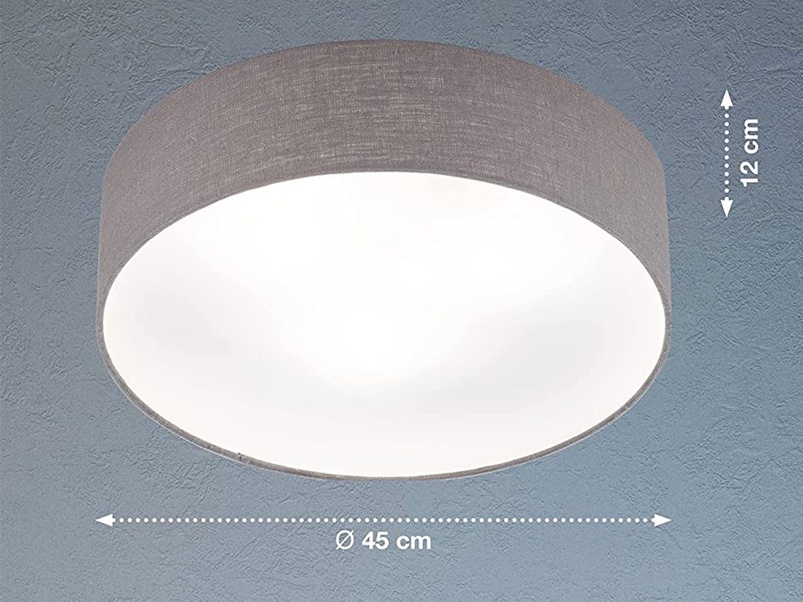 Leinen Grau LED flach Lampenschirm Dimmfunktion, Ø45cm meineWunschleuchte Warmweiß, Decke wechselbar, LED Designklassiker Deckenleuchte, Stoff-Lampe