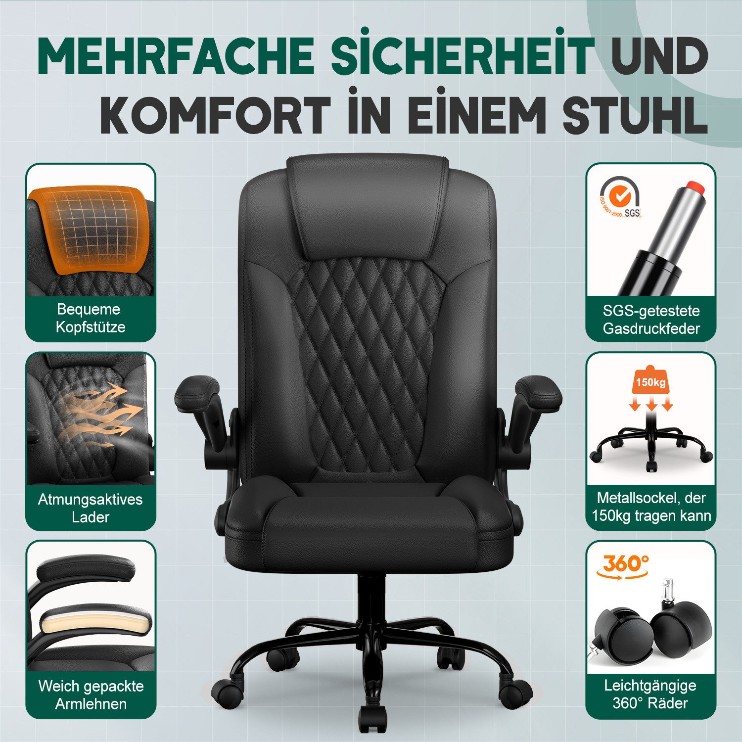Fukstern Bürostuhl Ergonomischer Bürostuhl mit 90° klappbaren Armlehnen (Atmungsaktiver Mesh-Bezug, Rücken- und Taillenstütze, Neigung fixierbar bei 90° (maximal kippbar bis 120), bis 150 kg belastbar