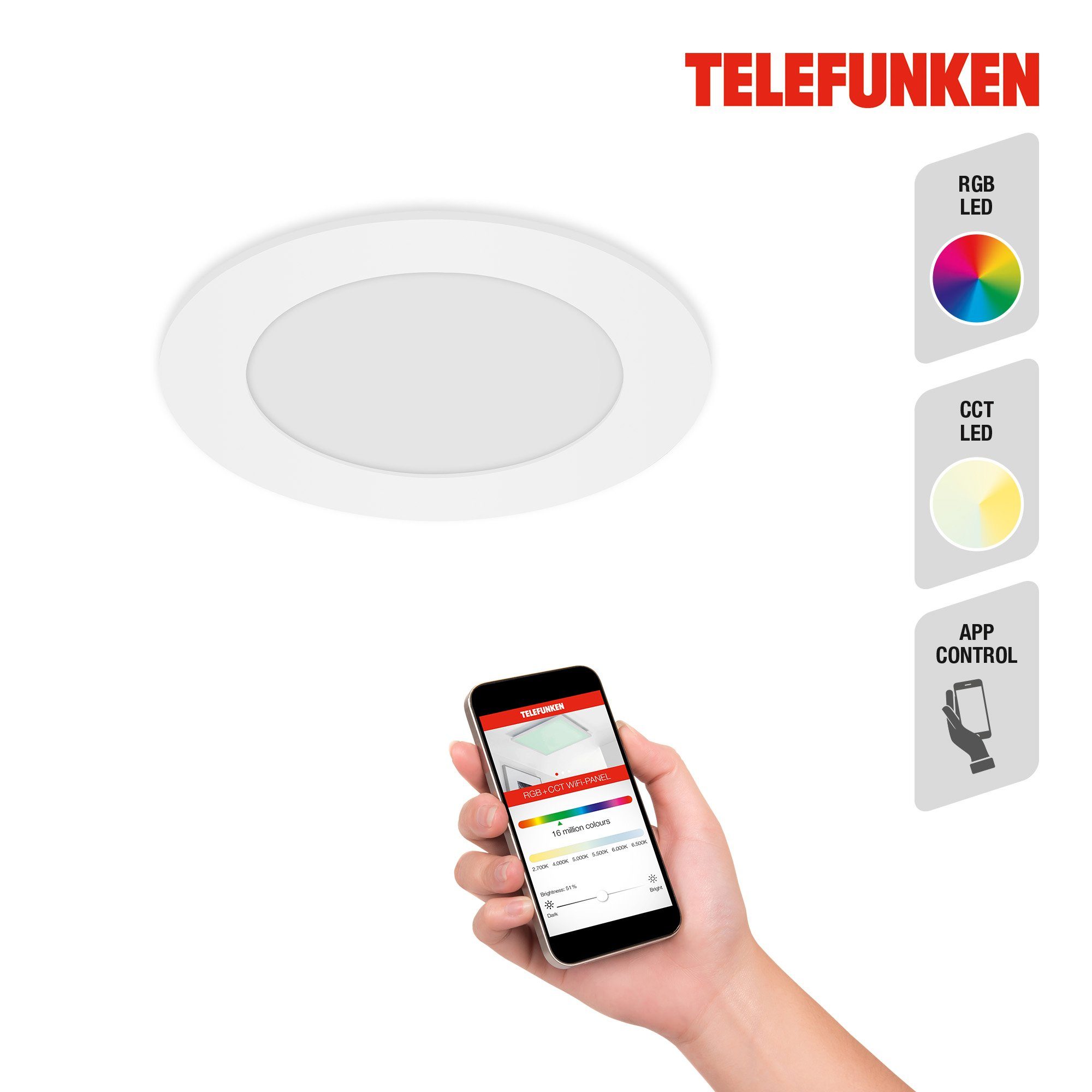 fest Tageslichtweiß, Smart RGB Einbaulampe CCT 309306TF, Kaltweiß, Warmweiß, Beleuchtung verbaut, LED Neutralweiß, Farbwechsler, Ø12cm Wifi Telefunken LED Einbauleuchte weiß