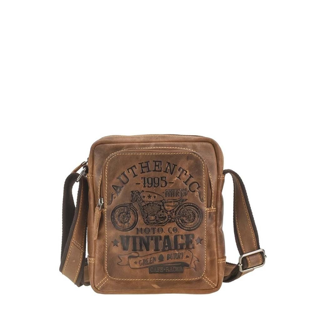 Greenburry Umhängetasche Cafe Racer Herr Schultertasche klein Leder Vintage Style, used Look, Schultertasche 22x24cm, mit CafeRacer Biker Prägung