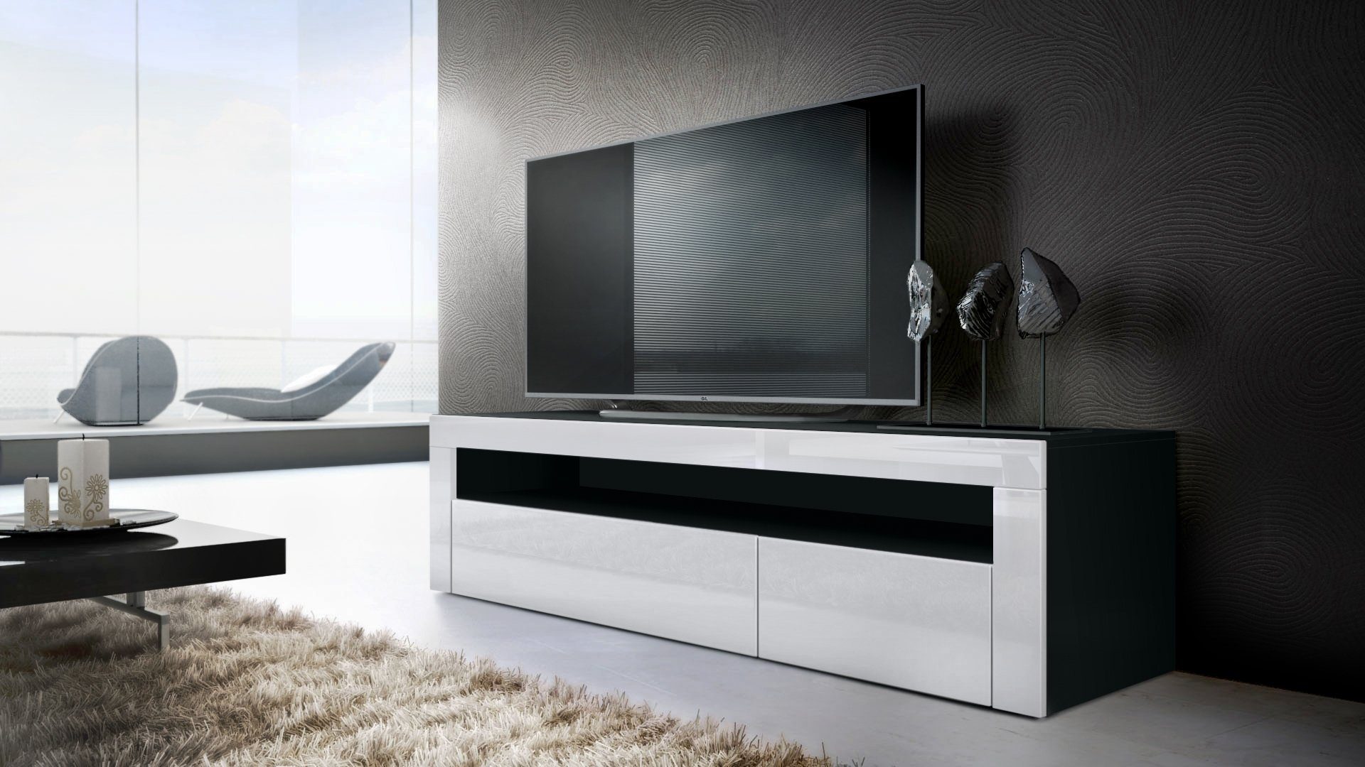 Vladon Wohnwand Berlin, (Wohnzimmer-Set, bestehend aus 1 TV Board und 1 Couchtisch), Schwarz matt/Weiß Hochglanz