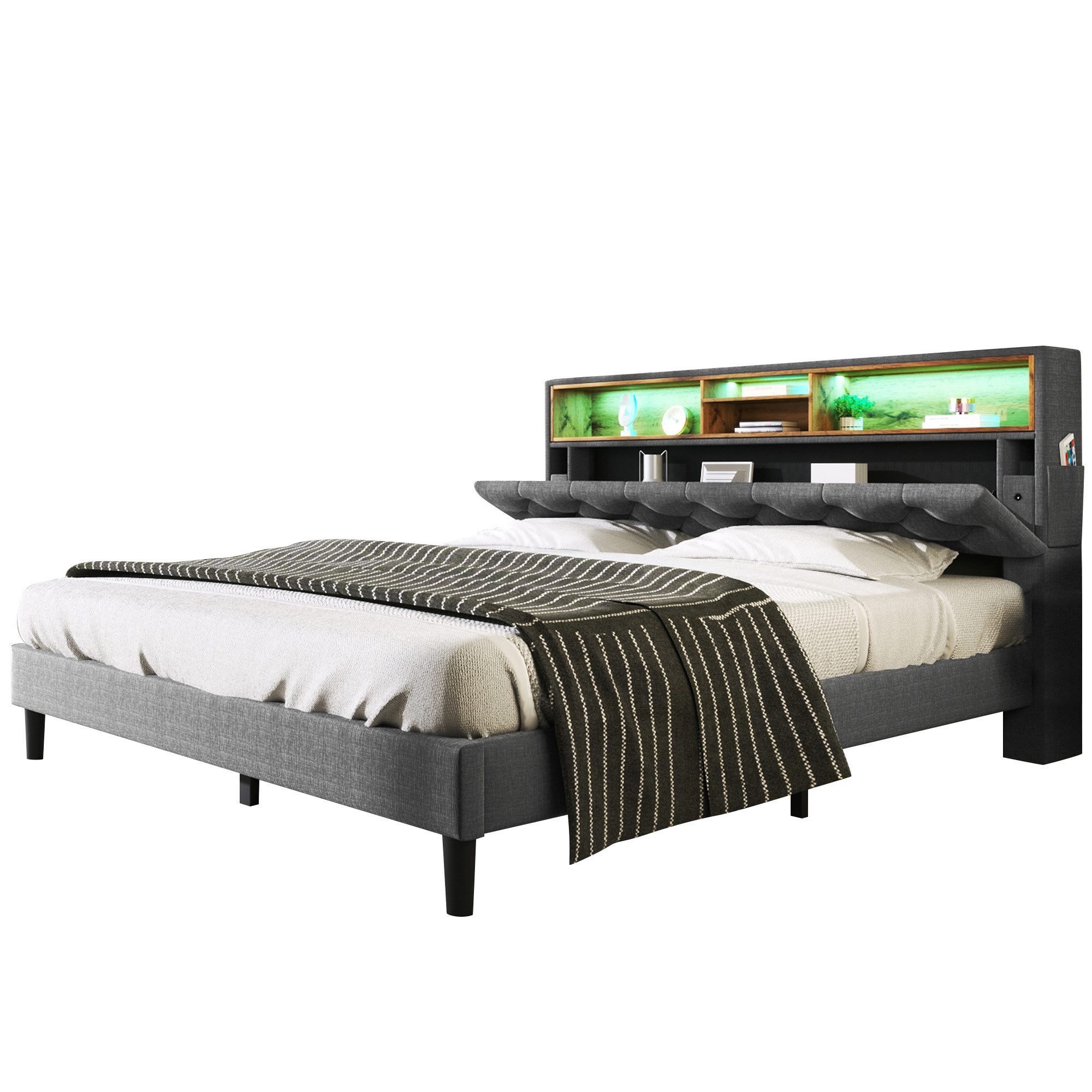 Polsterbett Doppelbett Stauraum-Kopfteil Bett, mit LED-Beleuchtung