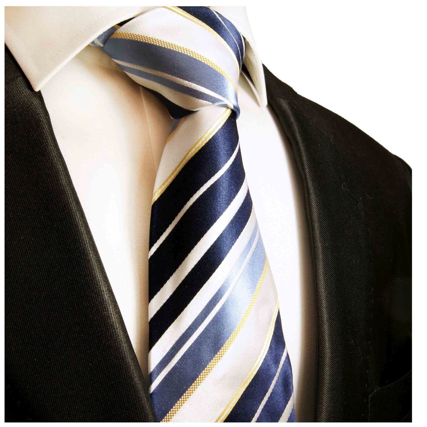 Paul Malone 100% Herren (8cm), weiß Seide Seidenkrawatte blau gestreift 924 Moderne Breit Krawatte