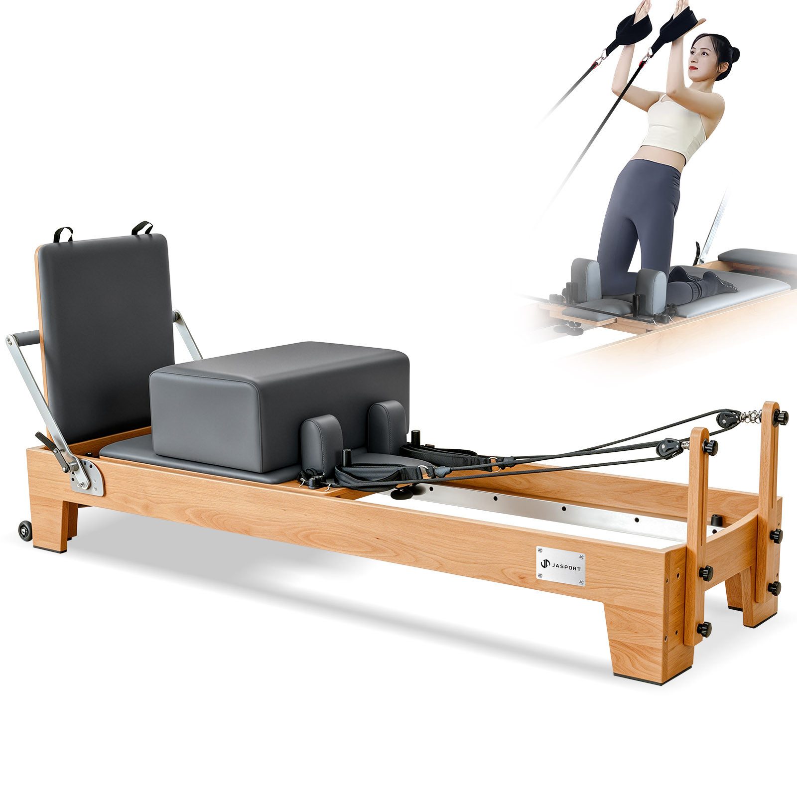 JASPORT Pilates-Reformer Hochwertige Holz-Reformer Serie für Pilates-Studios, (Komplettset mit 6 Federn, Sitzbox, Jumpboard und Fußschlaufen), Für Heimtraining und professionelle Studios geeignet