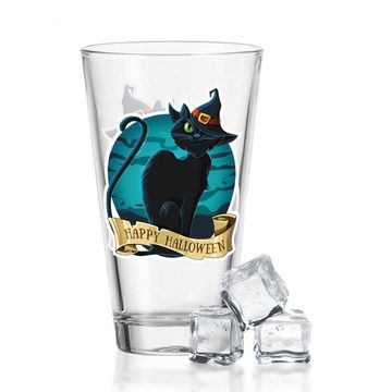 GRAVURZEILE Glas Wasserglas mit UV-Druck - Happy Halloween Katze Design, Glas, Stilvolle Halloween Dekoration - Katze mit Hexenhut