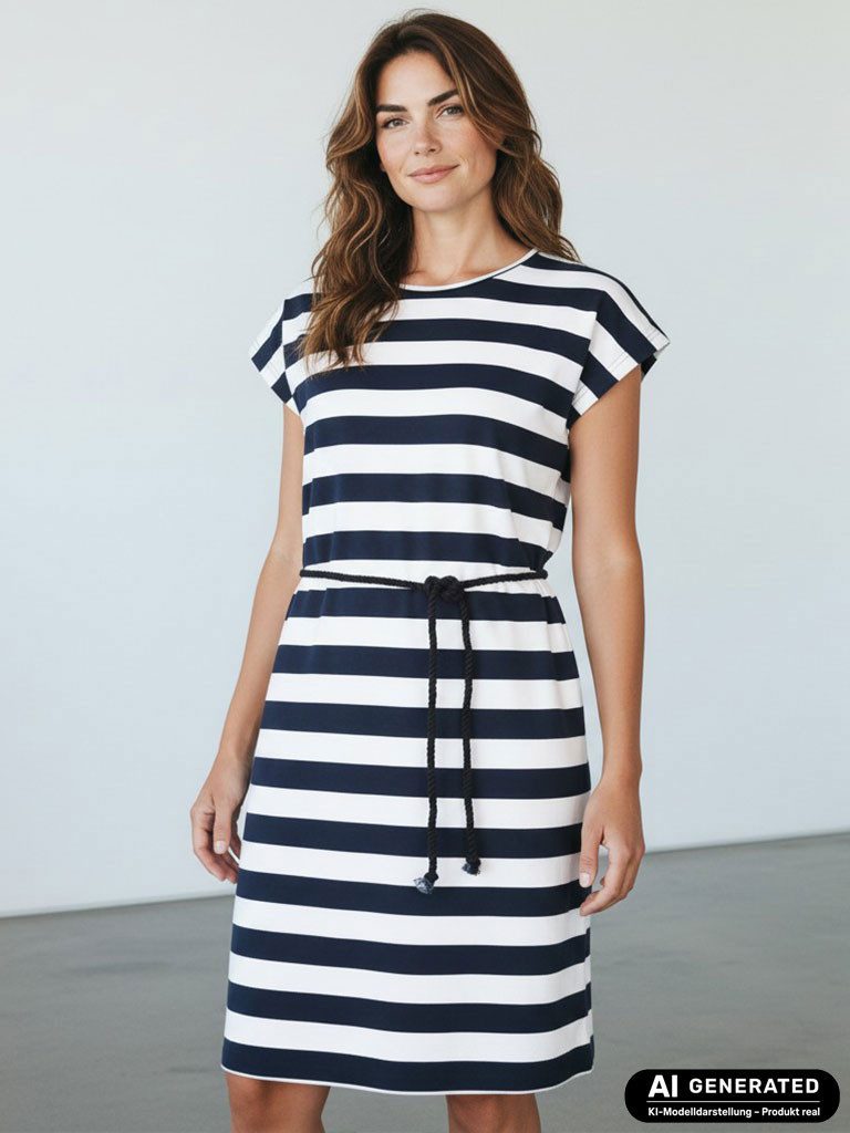 modAS Shirtkleid 46615 Damen Kurzarm-Kleid mit Blockstreifen - Streifenkleid mit Kordelband
