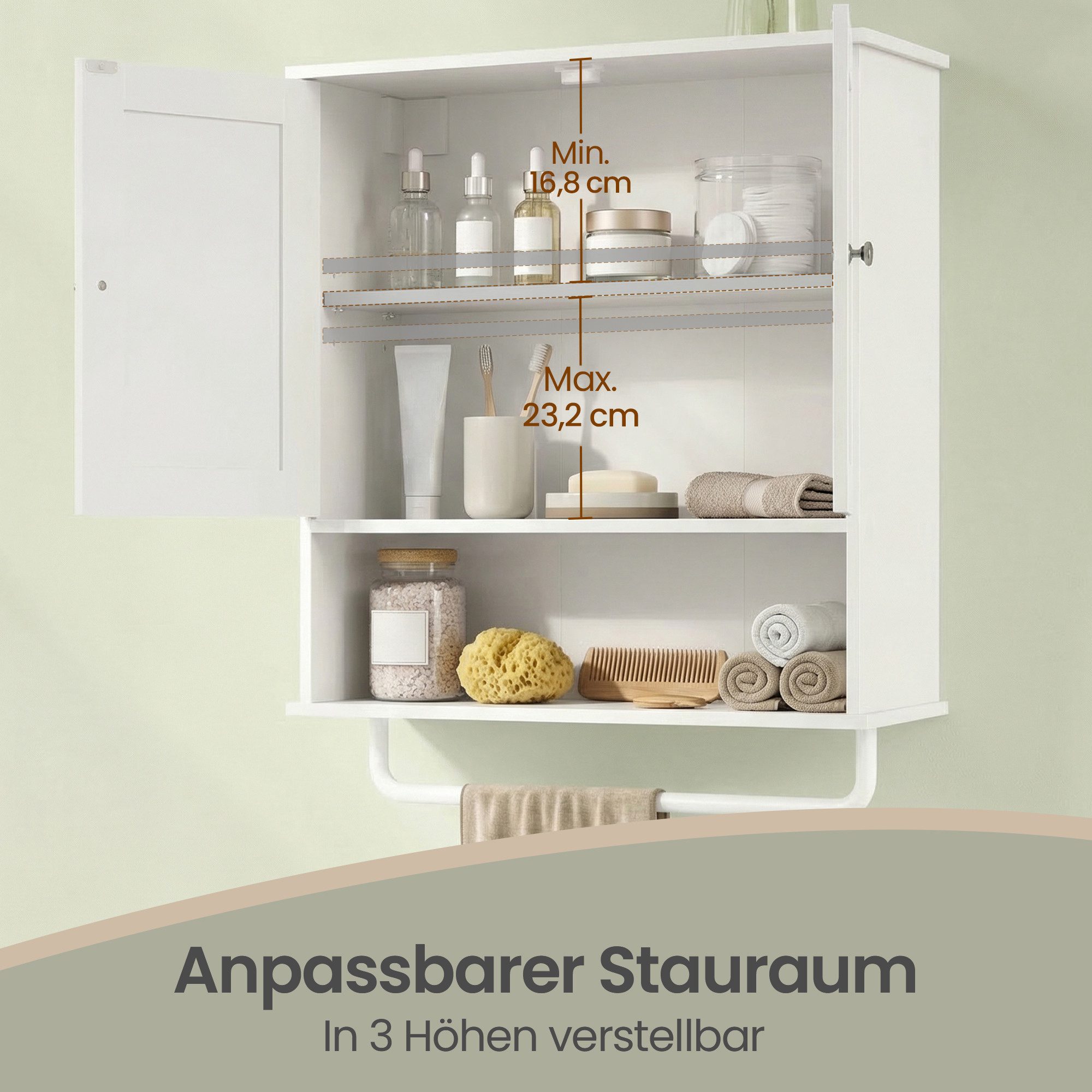 VASAGLE Hängeschrank Badezimmerschrank, Medizinschrank mit verstellbarem Einlegeboden Wandschrank mit Türen, Handtuchhalter und offenem Fach