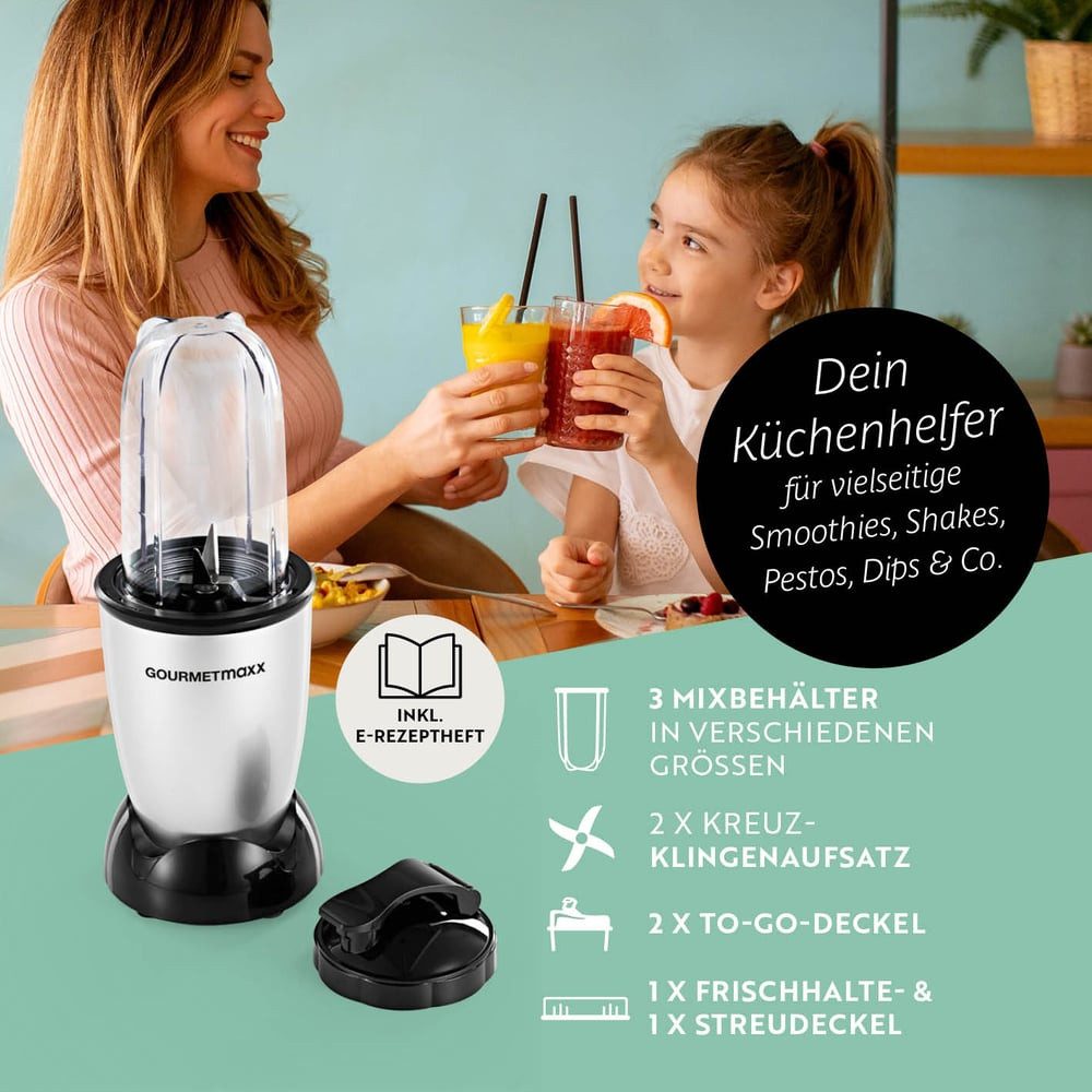 GOURMETmaxx Standmixer Mixer Mr. Magic 10-tlg. 400W silber/schwarz, 400 W, inkl. Zubehör-Set L rot Speisen Smoothies Getränke 3 Mixbecher To-Go