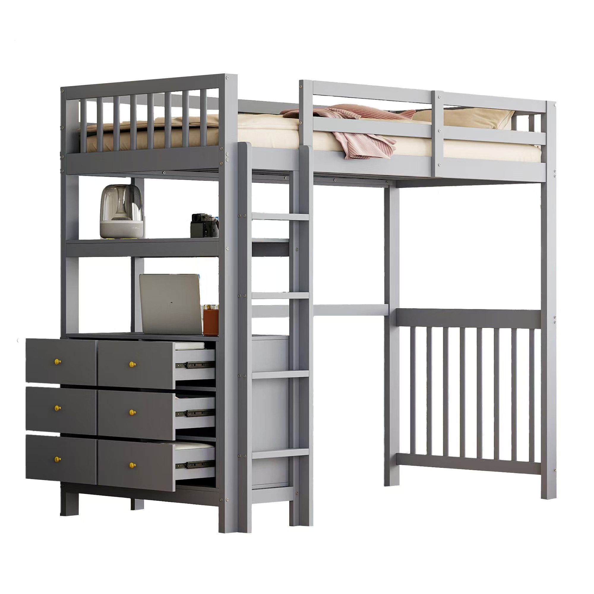 Hochbett mit Schreibtisch, Stauraum und Lattenrost