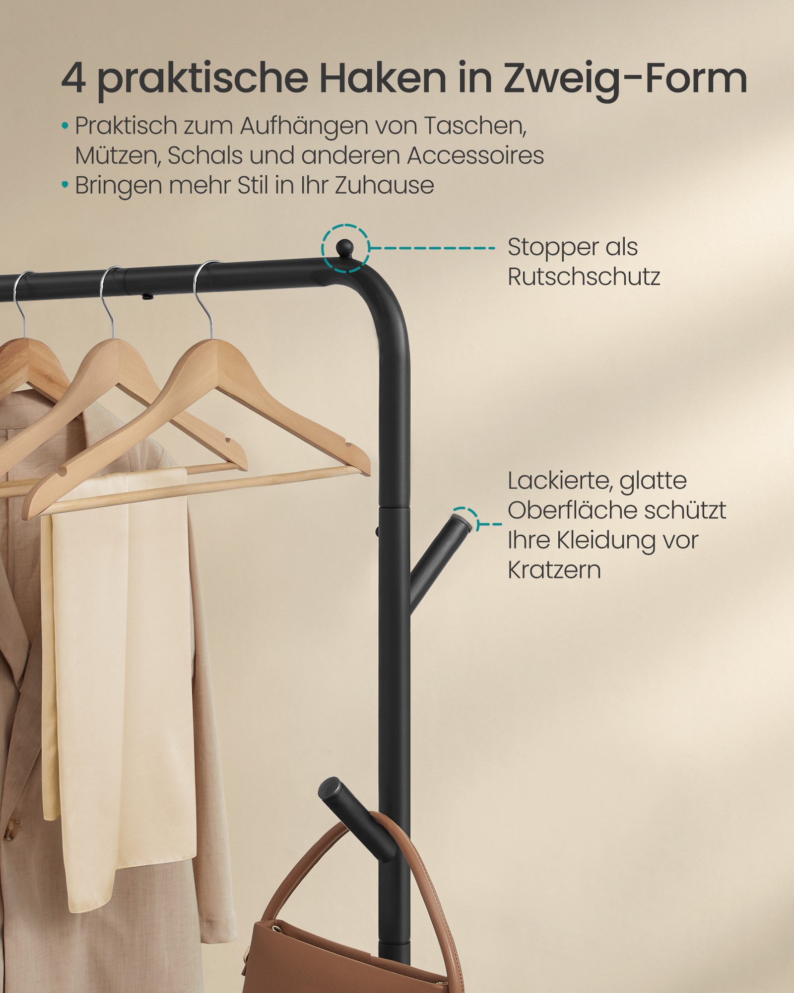 SONGMICS Kleiderständer Kleiderstange, Garderobenstange, Garderobenständer, 41 x 103,5 x 155cm, auf Rollen, Stahlrohren, bis 50kg belastbar, multifunktionale, schwarz