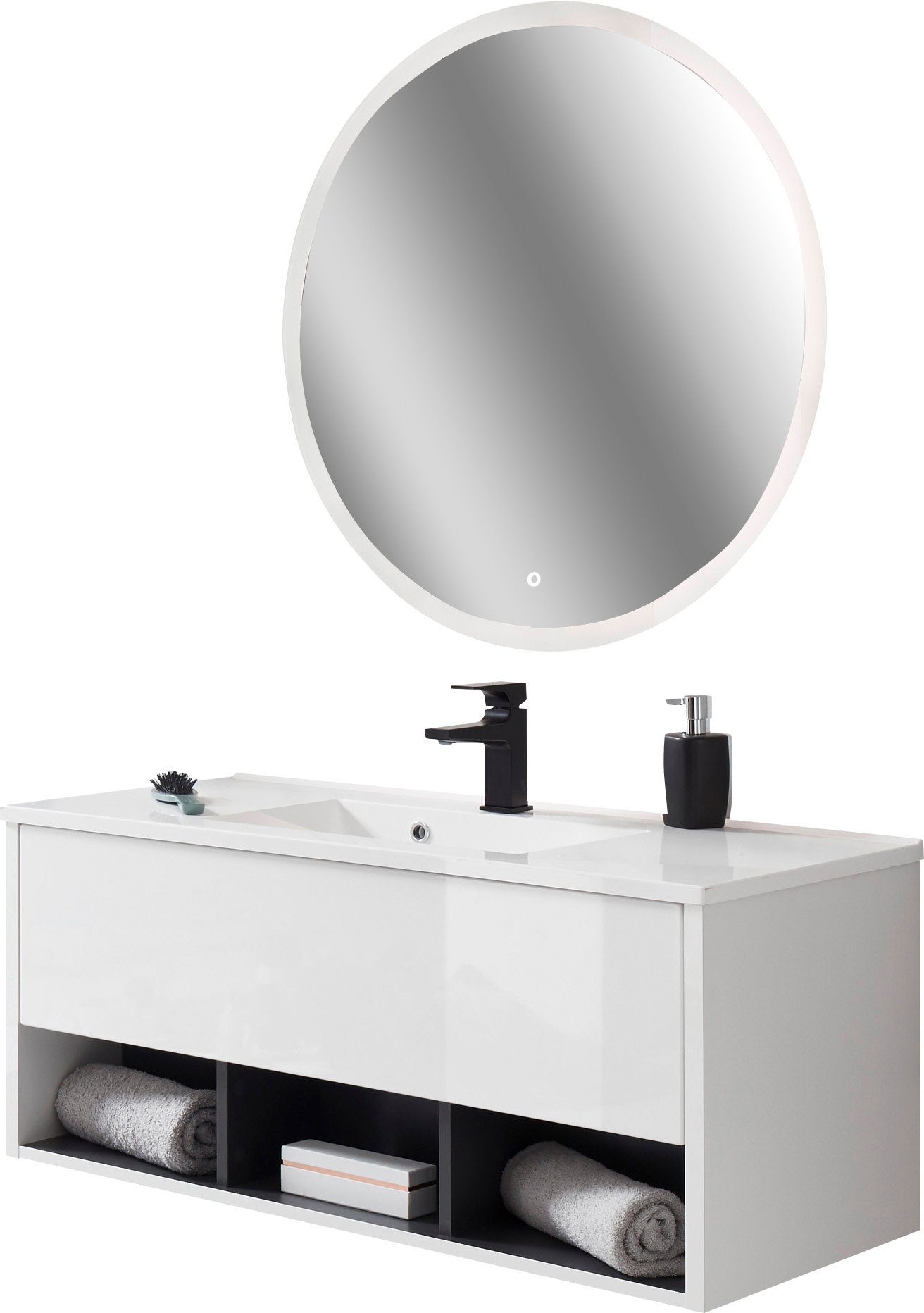 Home affaire Badmöbel-Set Studio Line, Bad im modernen Design, 2-teiliges Badezimmer, (2-St), Waschtisch und Spiegel, in zwei Farben verfügbar, viel Stauraum