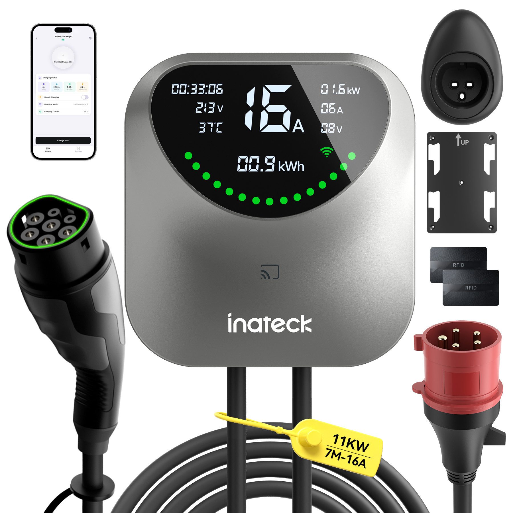 Inateck Elektroauto-Ladestation Wallbox 11kW 22kW mit APP & RFID-7m Typ 2 EV-Ladegerät 400V WLAN & BT, Intelligente Ladeplanung IP65