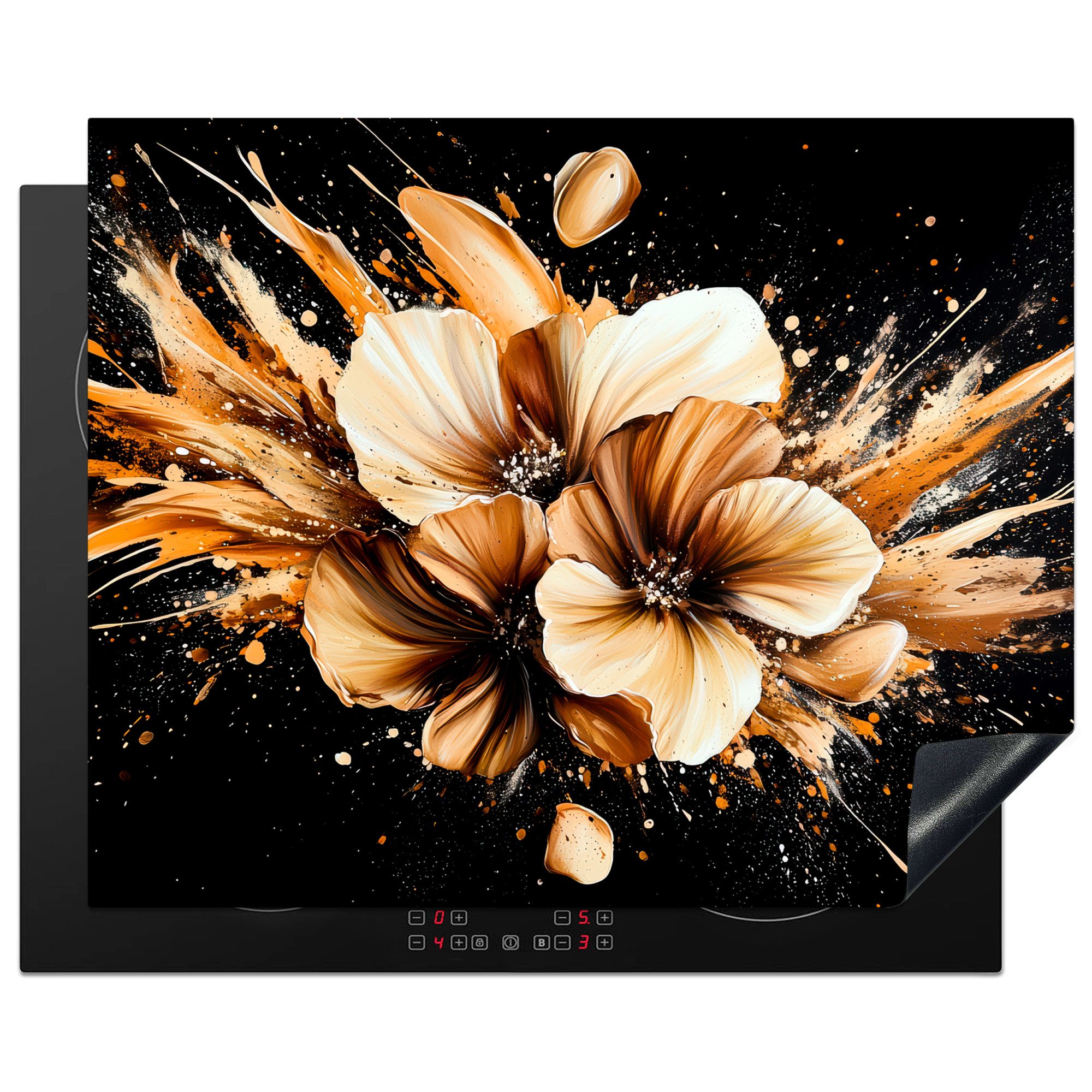 MuchoWow Herd-Abdeckplatte Blumen - Gold - Graffiti - Schwarz - Abstrakt, Vinyl, (1 tlg), Herdabdeckplatten für Ceranfeld, Induktionsschutz, 65x55 cm