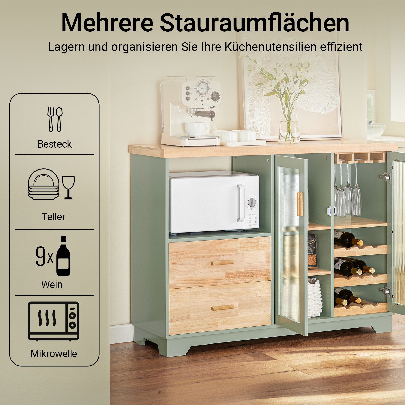 SoBuy Buffet FSB81, Schubladenschrank mit Glastüren, mit Schubladen Weinregal Sideboard Küchenschrank Kommode Flurschrank Mikrowellenschrank