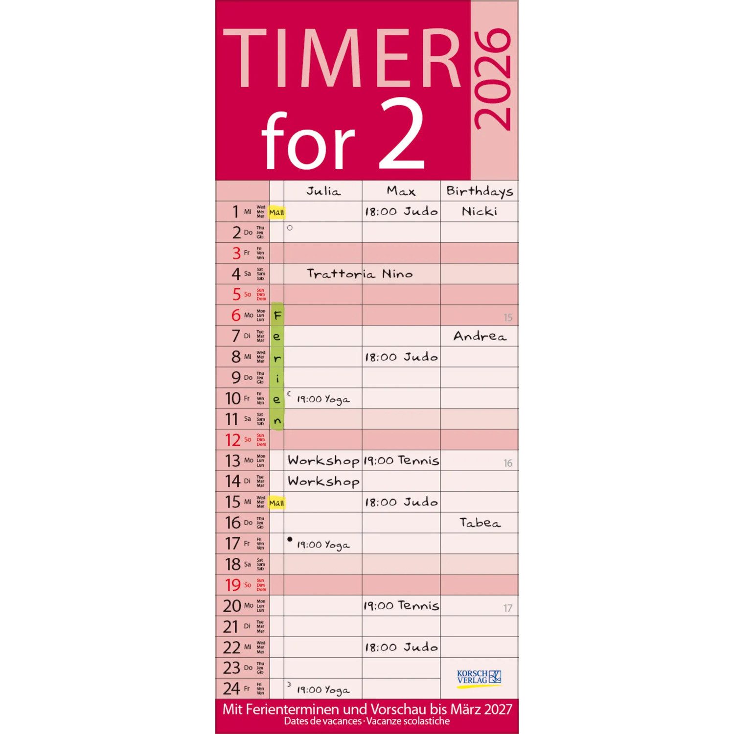 Korsch Verlag Wandkalender Timer for 2 Lifestyle 2026