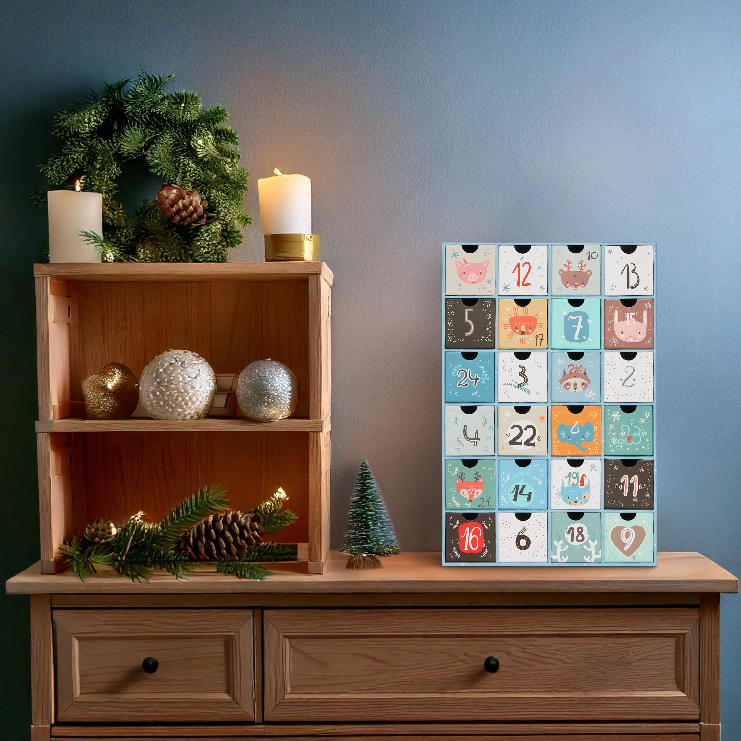 BRUBAKER befüllbarer Adventskalender Adventskalender zum Befüllen Weihnachtstiere Blau (24 Türchen, 1-tlg), DIY Weihnachtskalender - Kalender Weihnachten 39 cm groß aus Pappe