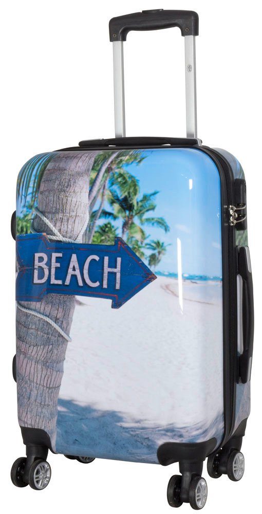 Trendyshop365 Hartschalen-Trolley Beach, bunter Koffer mit Strand-Motiv, 3 Größen, 4 Rollen, Zahlenschloss, Polycarbonat, Dehnfalte