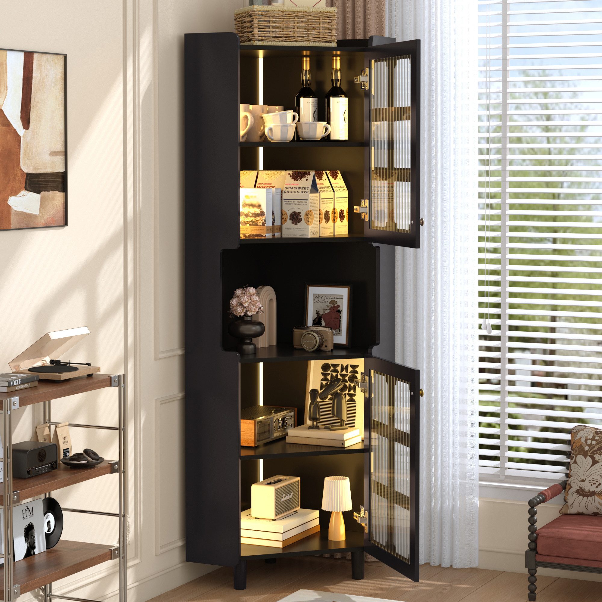 Odikalo Eckschrank Ecken-Kommode mit LED für Wohnzimmer, Schlafzimmer, Esszimmer (Eck-Schrank mit Lackschicht & LED-Beleuchtung, MDF-Platte mit Lackoberfläche)