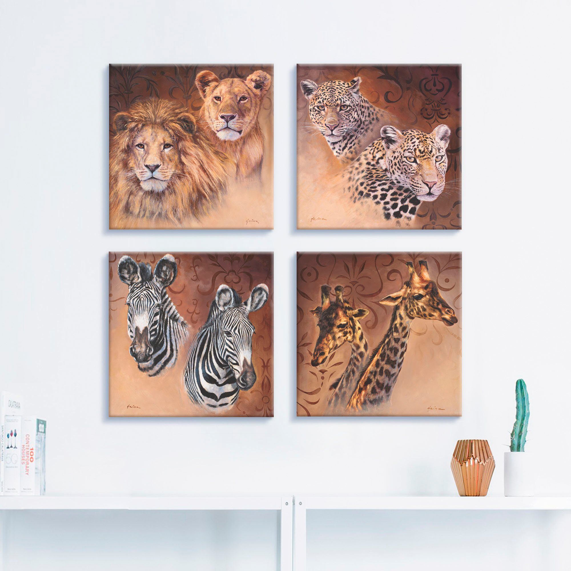Artland Leinwandbild Löwen Leoparden verschiedene Größen Set, (4 St), Giraffen, Zebra 4er Wildtiere