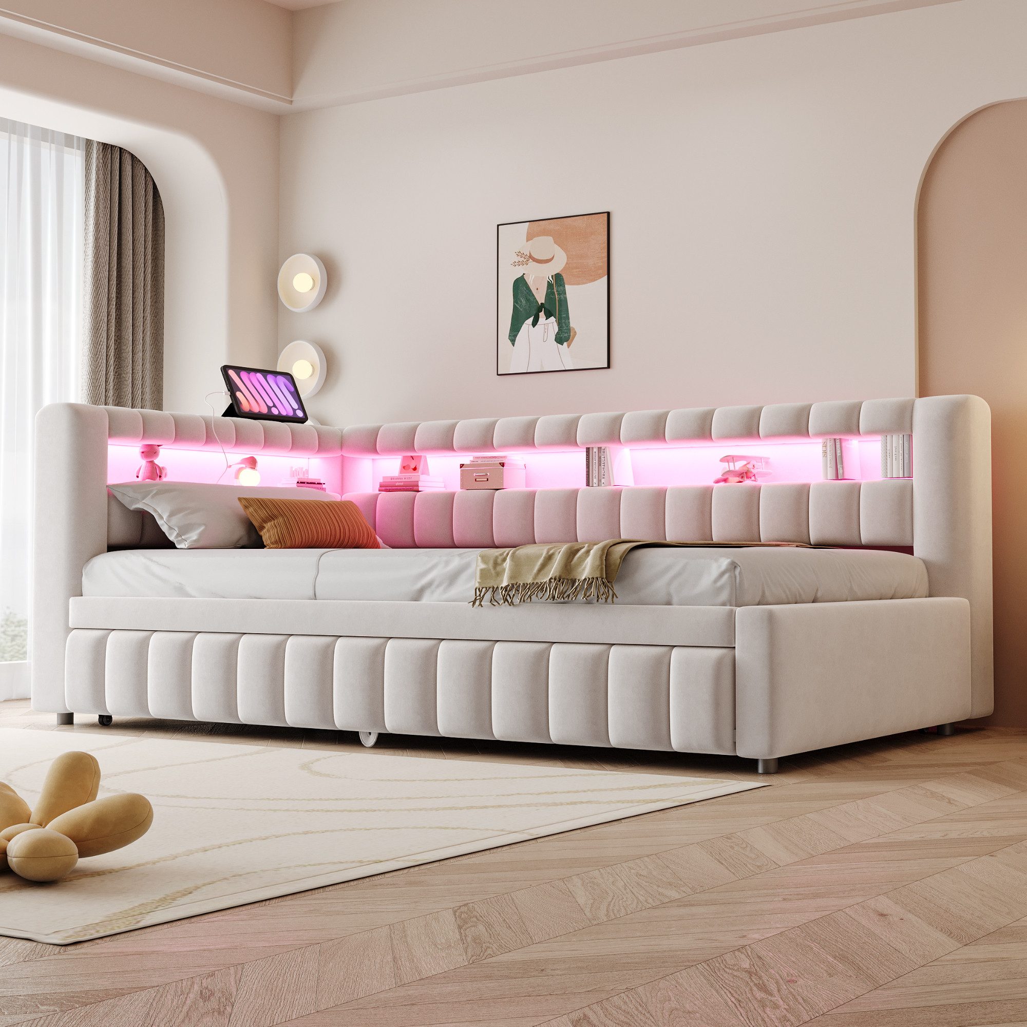 Merax Daybett mit LED-Beleuchtung und Ladeanschluss (Tagesbett Schlafsofa Sofabett Kinderbett, 1 tlg), Polsterbett 90x200cm mit Ausziehbett 90x190cm & Ablagefach, Samtbezug